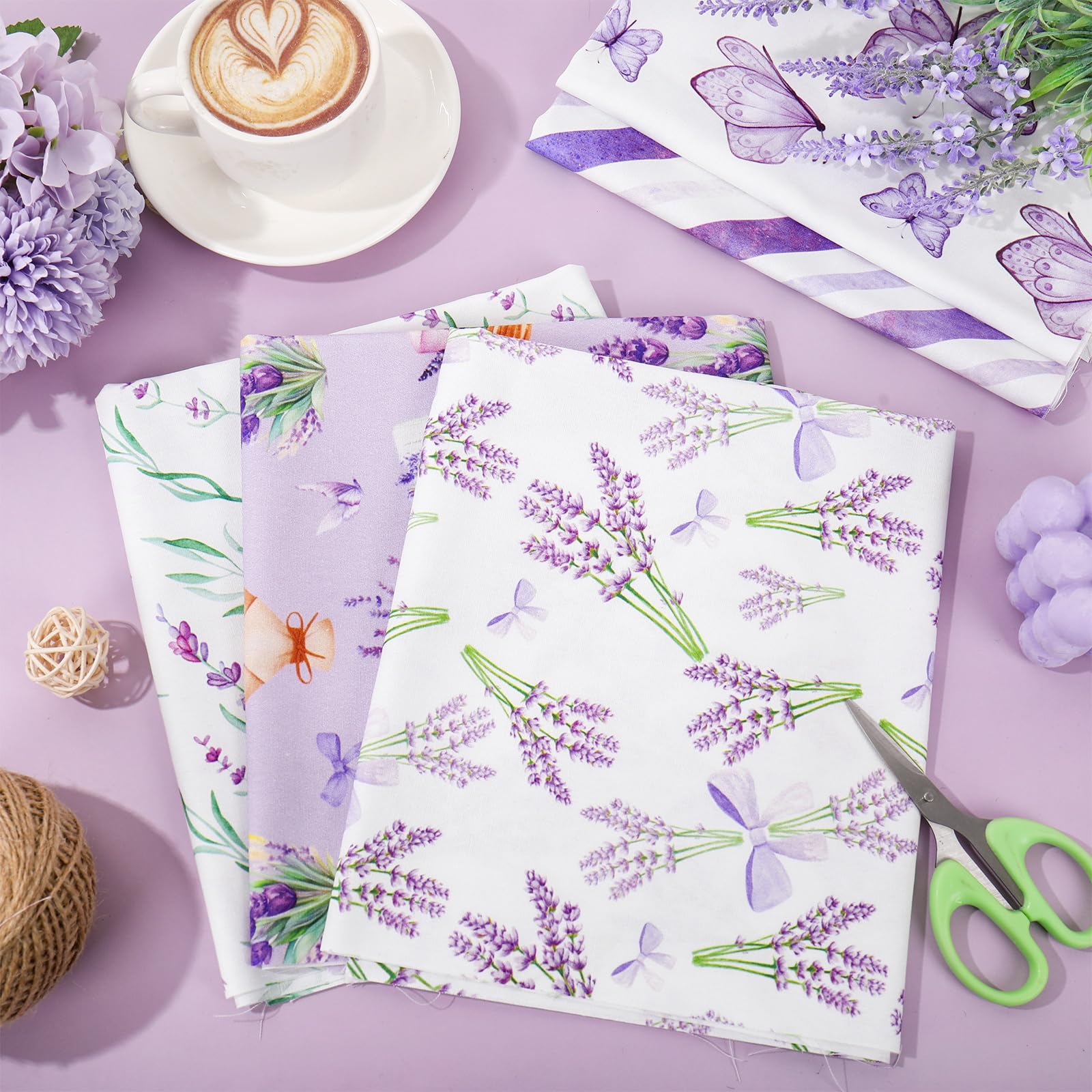 JarThenaAMCS Baumwollstoffbündel mit Lavendelmuster, 55,7 x 55,9 cm, Lila / Weiß, Blume, Schmetterling, Quilten, Patchwork für Frühling, DIY, Nähen, Basteln, Dekoration, 12 Stück