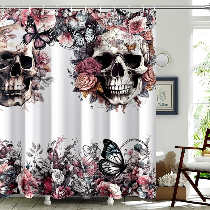 Skull Flower Butterfly Shower Curtain, 72x72 Inch Waterproof Fabric Bathroom Decor with Hooks, Gothic Floral Skeleton Themed Curtain for Women