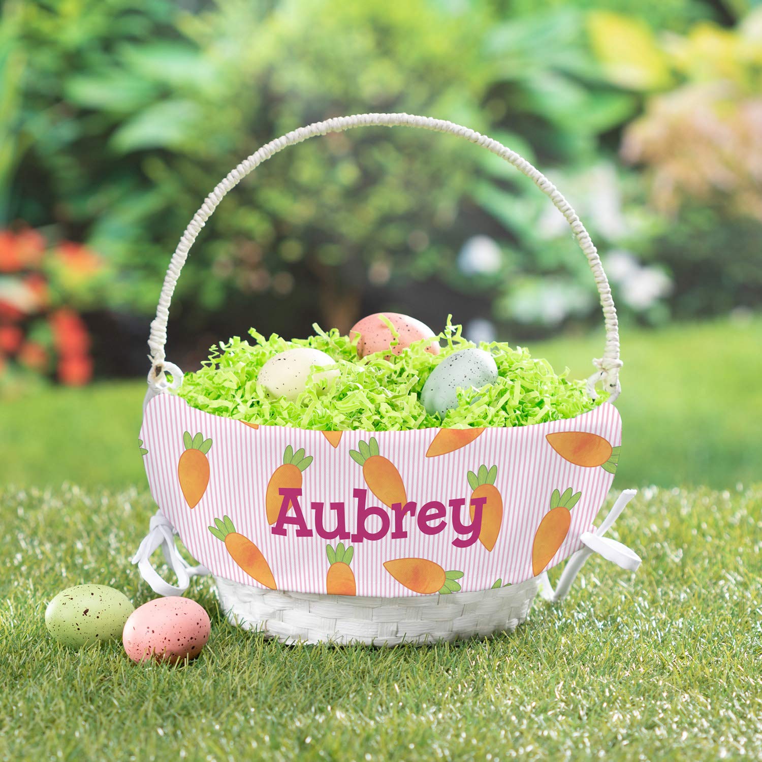 Personalized Easter Egg Basket for Girl with Handle and Custom Name | Carrot Easter Basket Liners | White Basket | Woven Easter Baskets for Kids | Customized Easter Basket | Gift for Easter