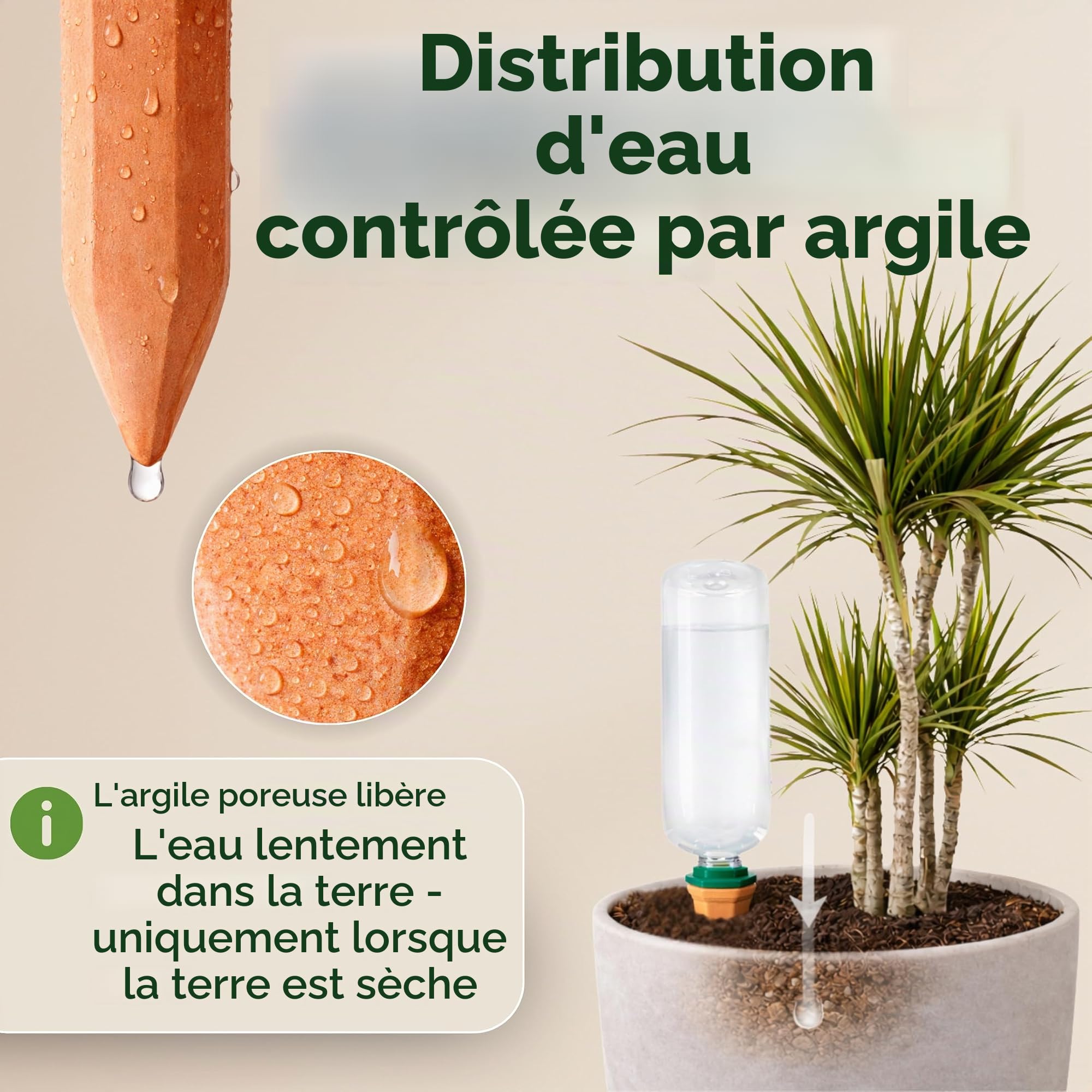 Système d'irrigation pour plantes – Lot de cônes en argile incl. adaptateurs & bouteilles en PET de 750 ml – Arrosage automatique en vacances pour plantes d'intérieur & balcon