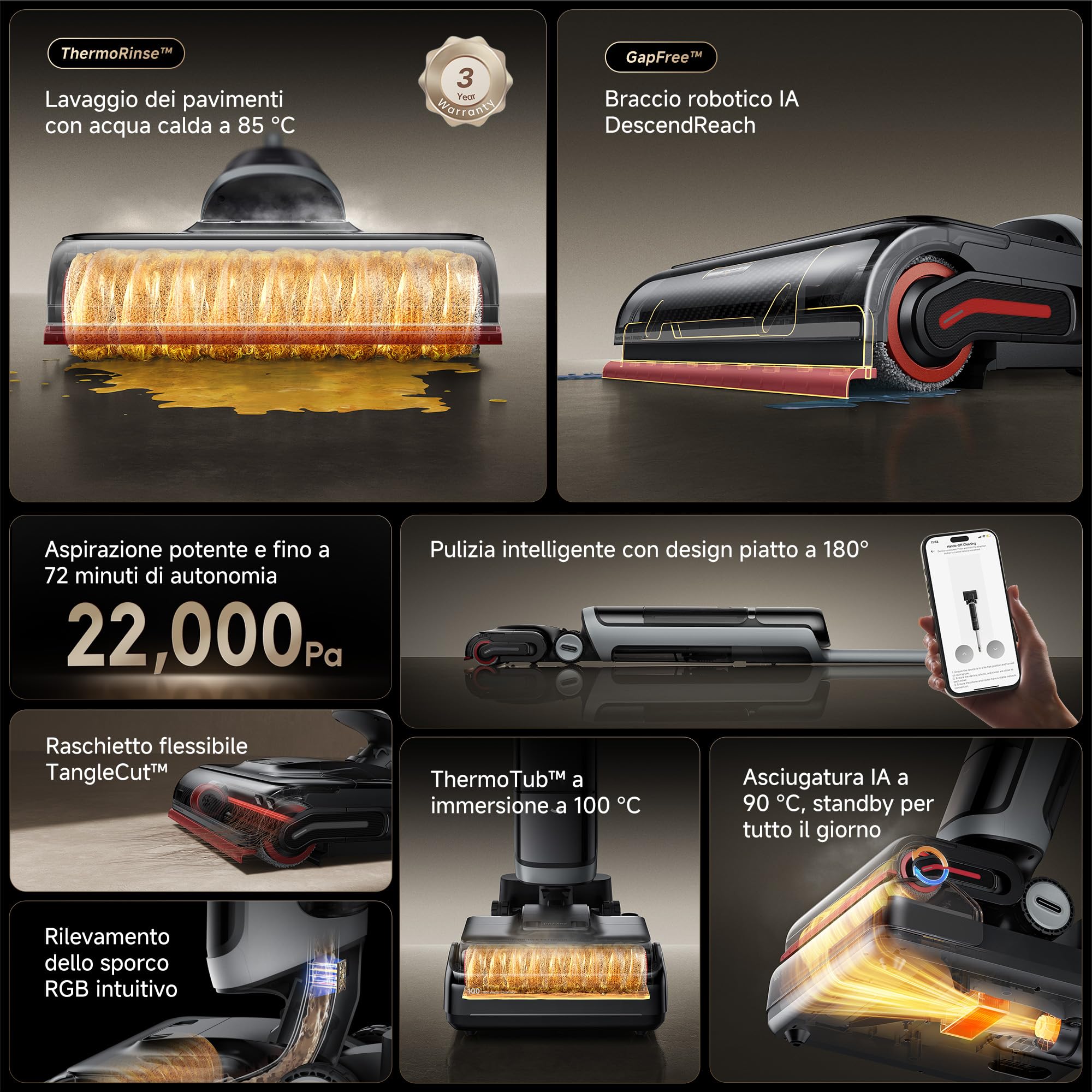 DREAME H15 Pro Heat Aspirapolvere Lavapavimenti, Lavaggio 85 °C, Braccio Robotico IA GapFree, RGB, Aspirazione 22.000 Pa, 0 Grovigli,Lavaggio Spazzola 100 °C,Asciugatura 5 Min 90 °C,Navigazione e App