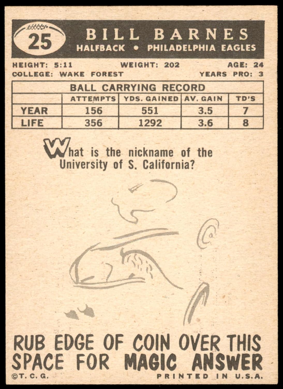 1959 Topps #25 Bill Barnes Philadelphia Eagles (Football Card) NM Eagles Wake Forest