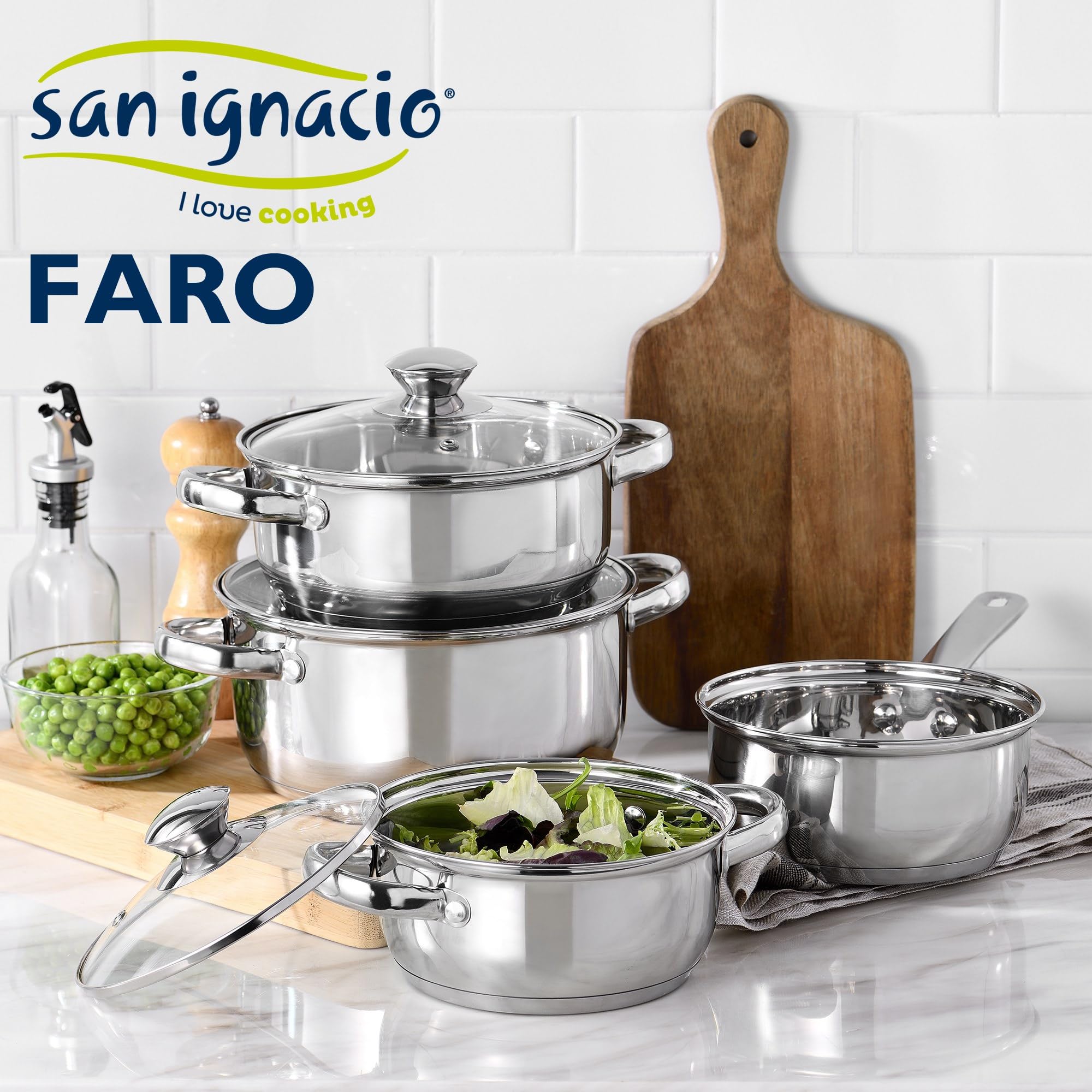 Batería de cocina 7 piezas SAN IGNACIO fabricada en acero inoxidable apta para todo tipo de fuegos+ Bergner EXCALIBUR Juego de 2 utensilios de cocina