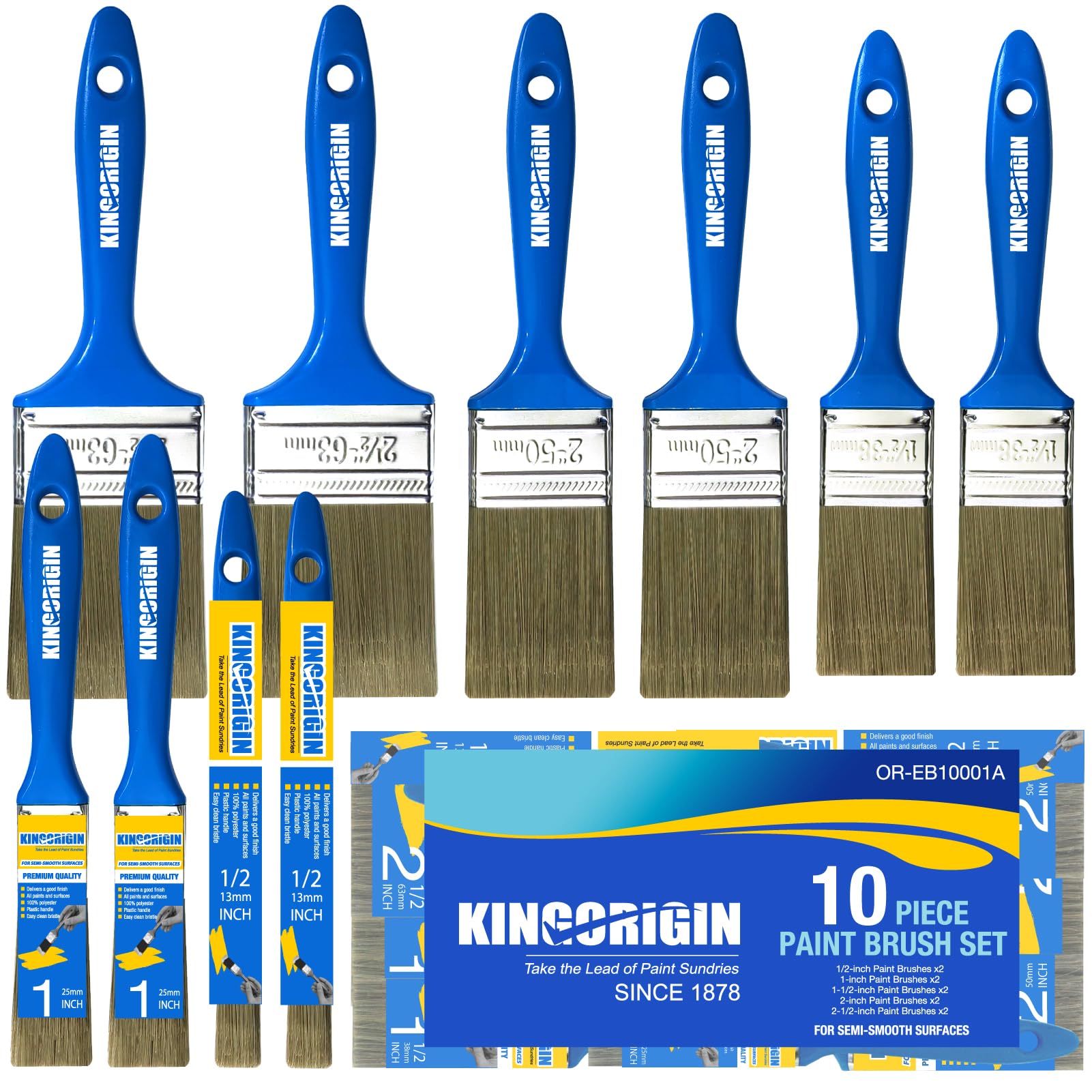 King Origin Paint Brush Set, 10 Pack Paint Brush 0.5" 1" 1.5" 2" 2.5"
