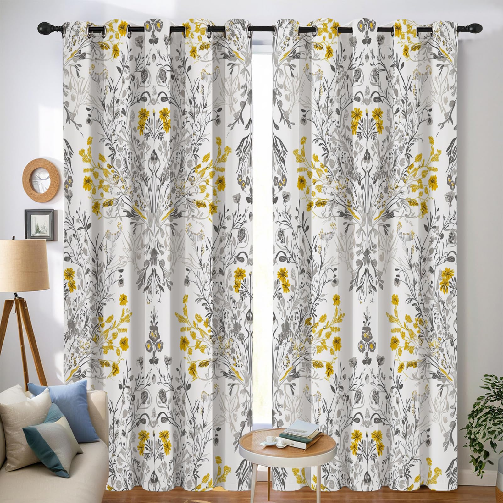Bianco Giallastro Fiori Simmetrici Tenda Oscurante Con Occhielli Piante Squisite Poliestere Riduzione Rumore Insonorizzata Tendaggi Per Soggiorno Camera Da Letto Cucina 140x175cm(Larghezza x Altezza)