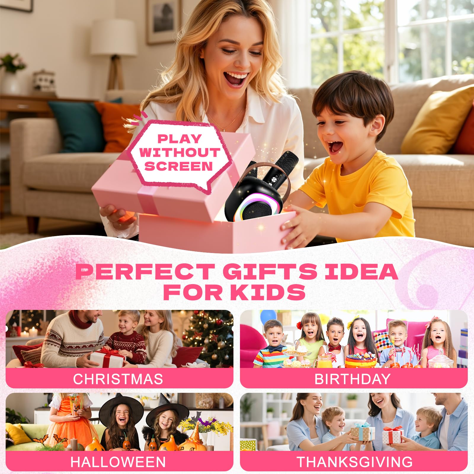 Karaoke Enfant avec 2 Microphones sans Fil, Micro Portables Karaoké, Jouet de Karaoké Bluetooth avec Voix Change et LED Lumière pour 3-12 Enfant Fille Cadeau Chanter Adulte (Noir)