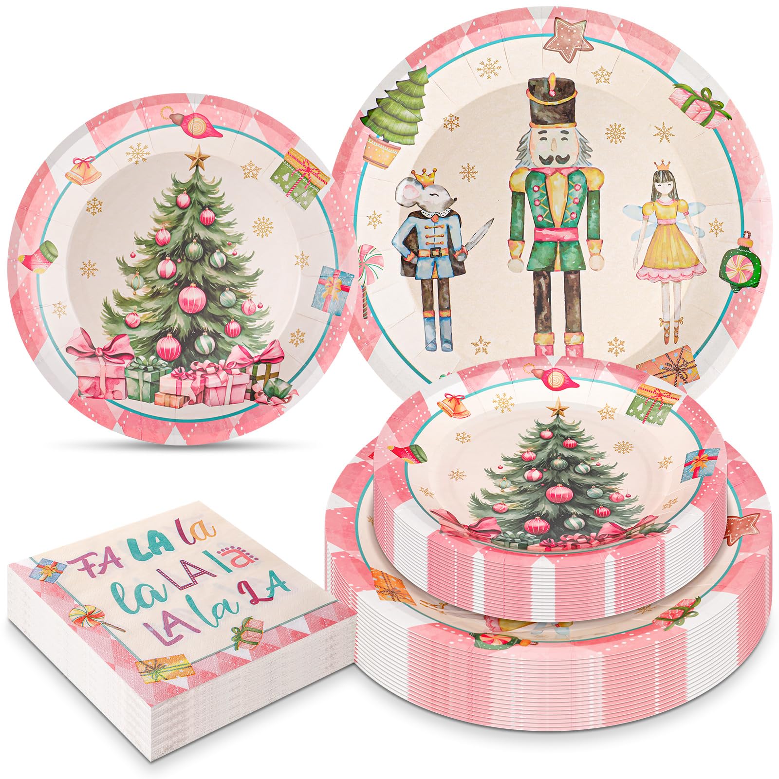 Funnymoom 200 piezas de suministros de fiesta de Navidad, platos y servilletas de Navidad, platos de papel de Navidad, 50 platos de cena de Navidad, 50 platos desechables de postre, 100 servilletas