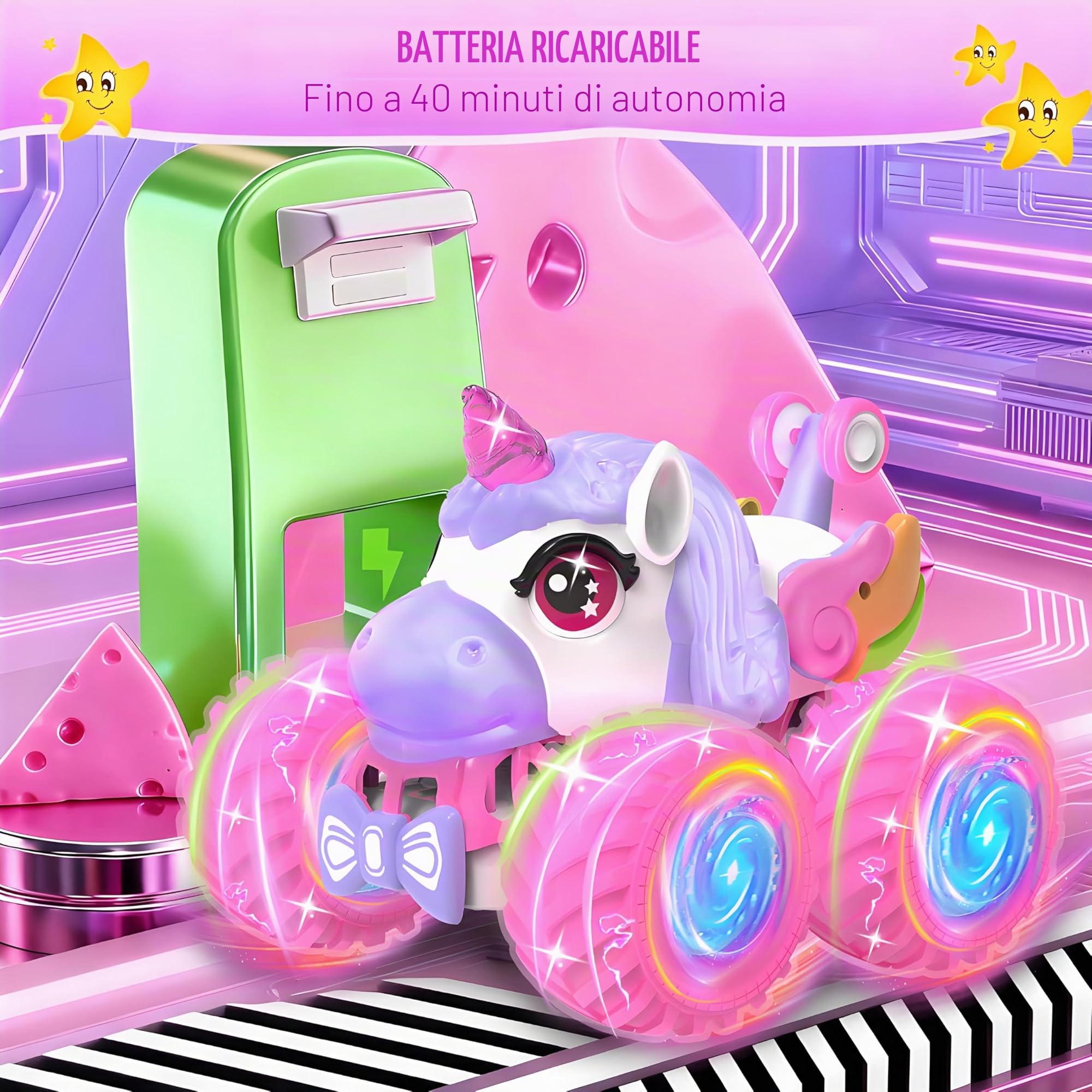 Unicorno Macchina Telecomandato per Bambini - Auto Stunt Rotante a 360° con Luci a LED, Giocattolo Auto Telecomandata 2,4 GHz per Interno Esterno Regali di Compleanno per Ragazze dai 3+ Anni