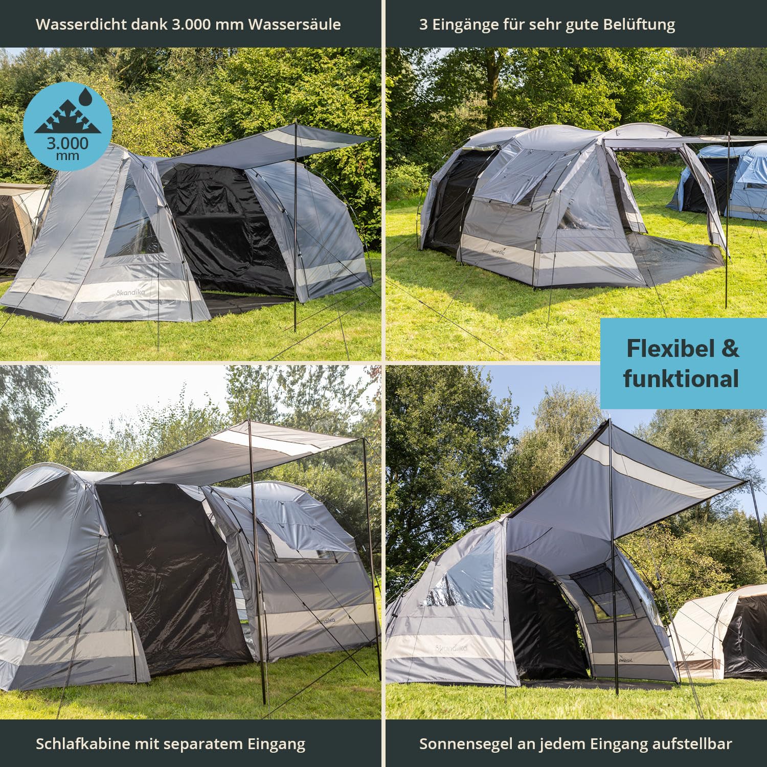 Tente Tunnel 4 Places - Familiale, Imperméable 3000 Mm, 3 Entrées, Sol Amovible, Pour Camping Et Glamping