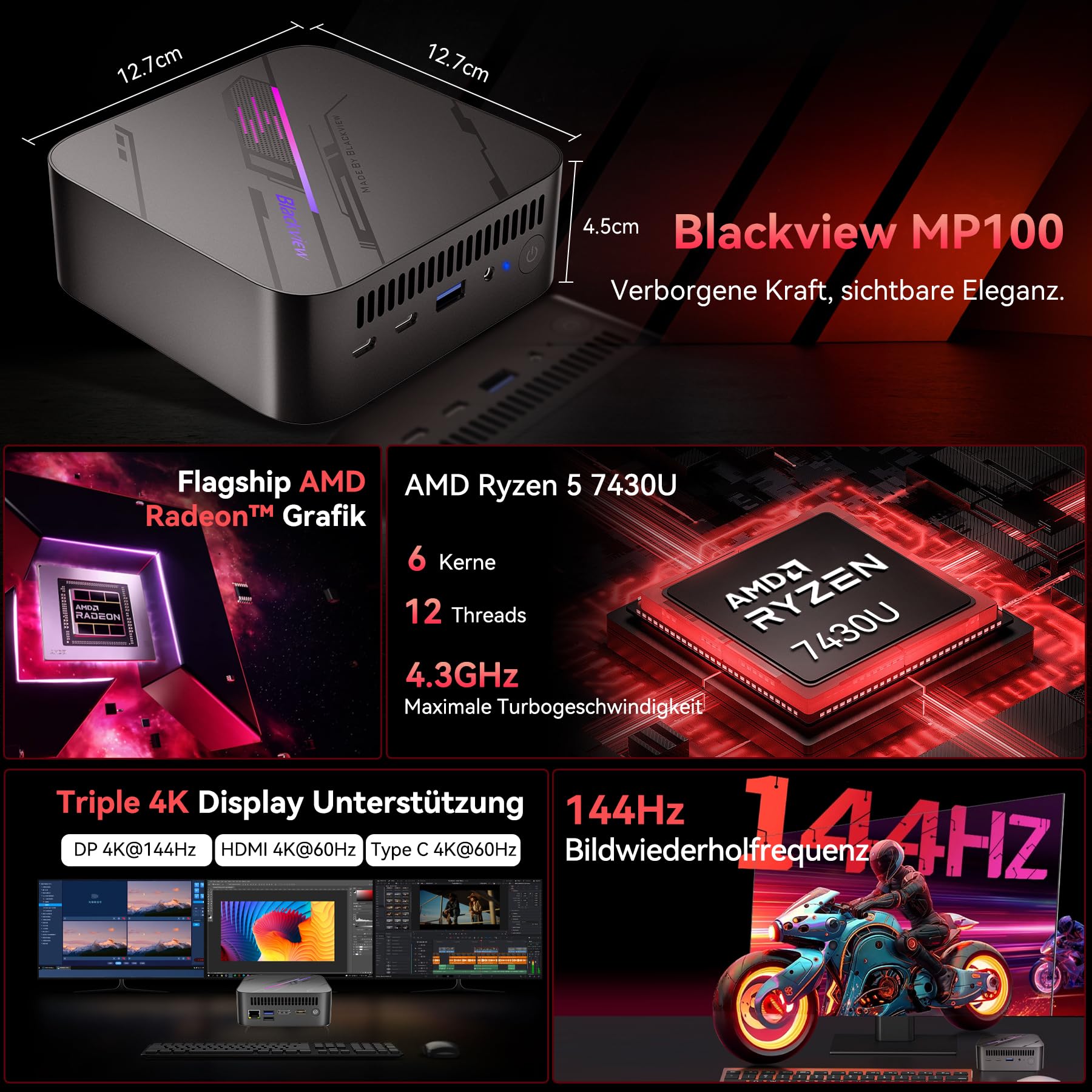 Blackview MP100 Mini PC Win 11 Pro, AMD Ryzen 5 7430U Computer, 16GB DDR4 512GB SSD Desktop PC, 4K 144Hz Triple Display, Office PC Rechner für Home Office & Business, Wi-Fi 6 & BT5.2, 3 Jahre Garantie