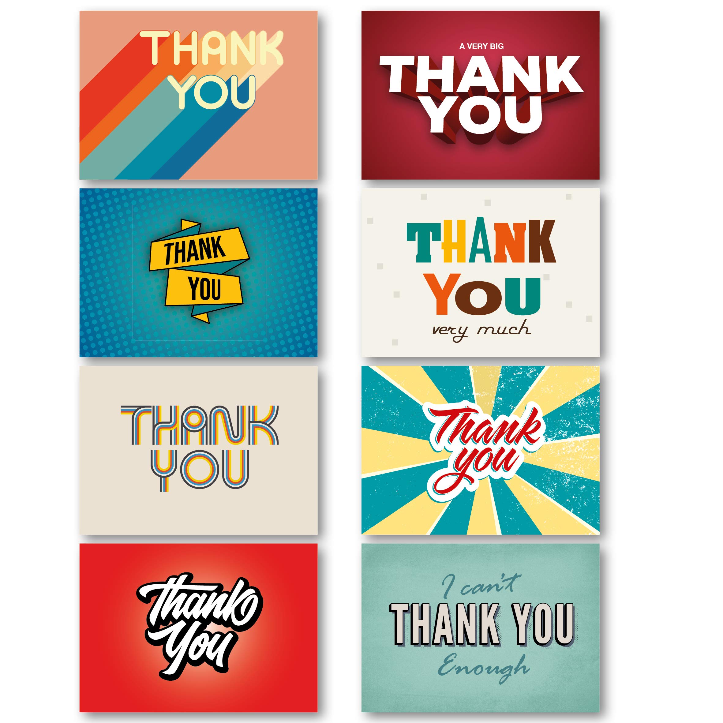 Thank You Cards Multipack (48 Pack). Each Greeting Cards Pack includes 8 Retro designs. 105 x 148mm. Blank Inside. Envelopes included. Made in UK.The Forest Stewardship Council