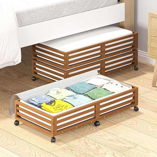 Miniatura 8 de Wisuce Contenedores de almacenamiento de bambú debajo de la cama, organizador debajo de la cama con ruedas con bolsa grande para el polvo, madera