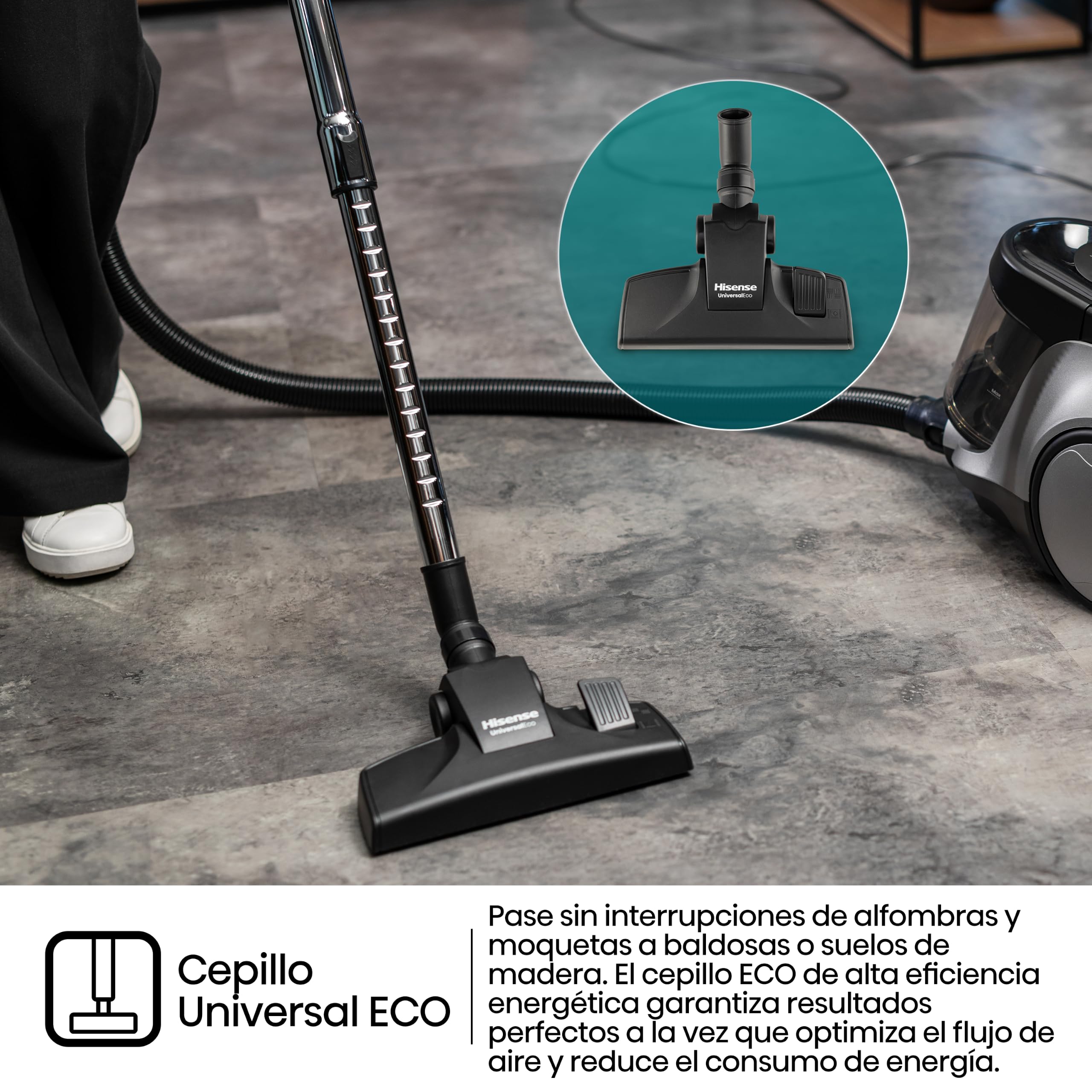 Hisense HVC20E3H2TPA Aspiradora Trineo ciclónica sin Bolsa, Cepillo HI2 Textil y Mascotas, Potente succión de 160W, Tubo telescópico metálico y Boquilla con Cepillo 2 en 1 para Suelos Duros