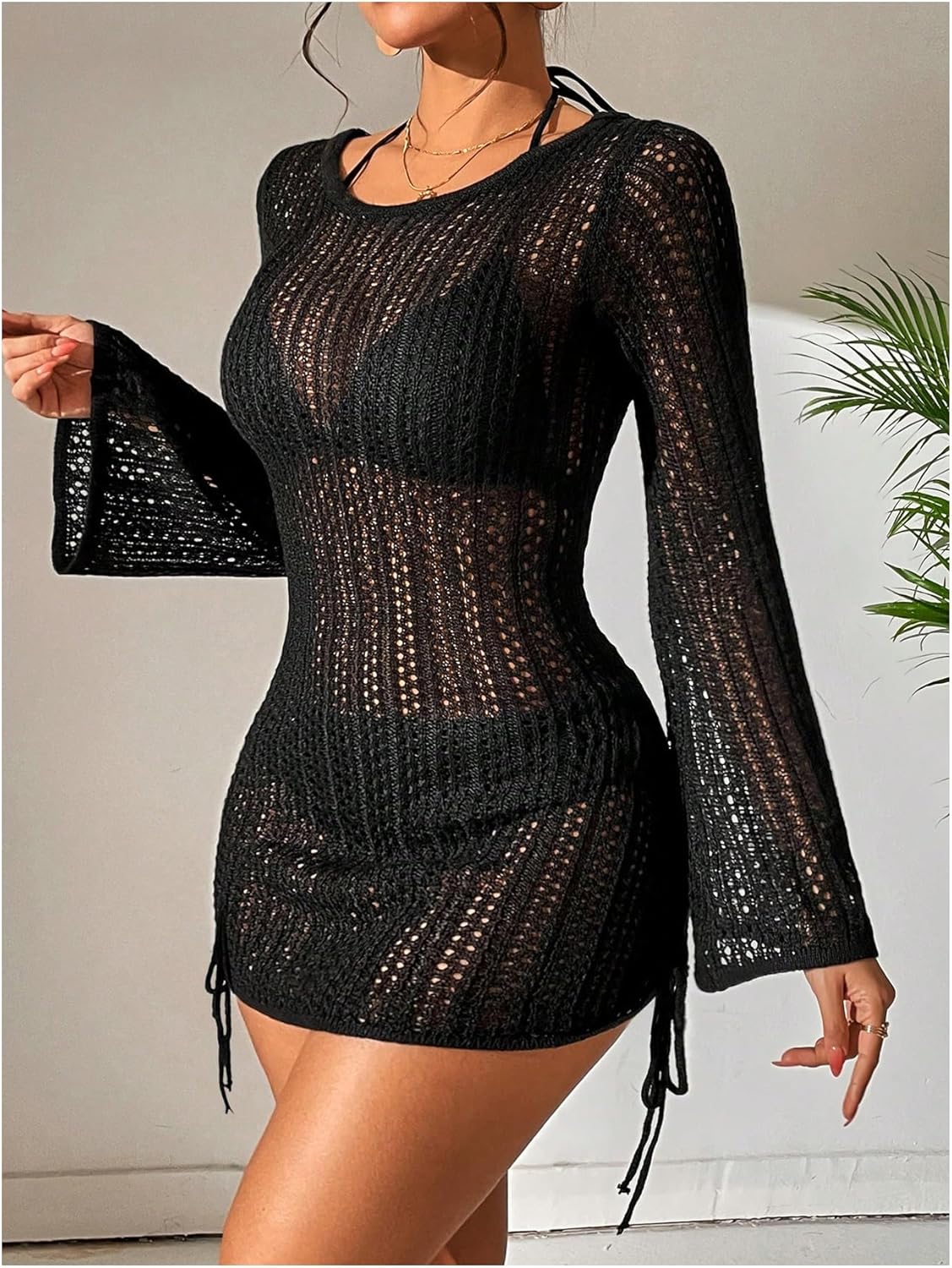 OYOANGLE Women's Crochet Beach Cover Up Bell Long Sleeve Drawstring Swim Dress Mesh Sheer Coverups - Image 2