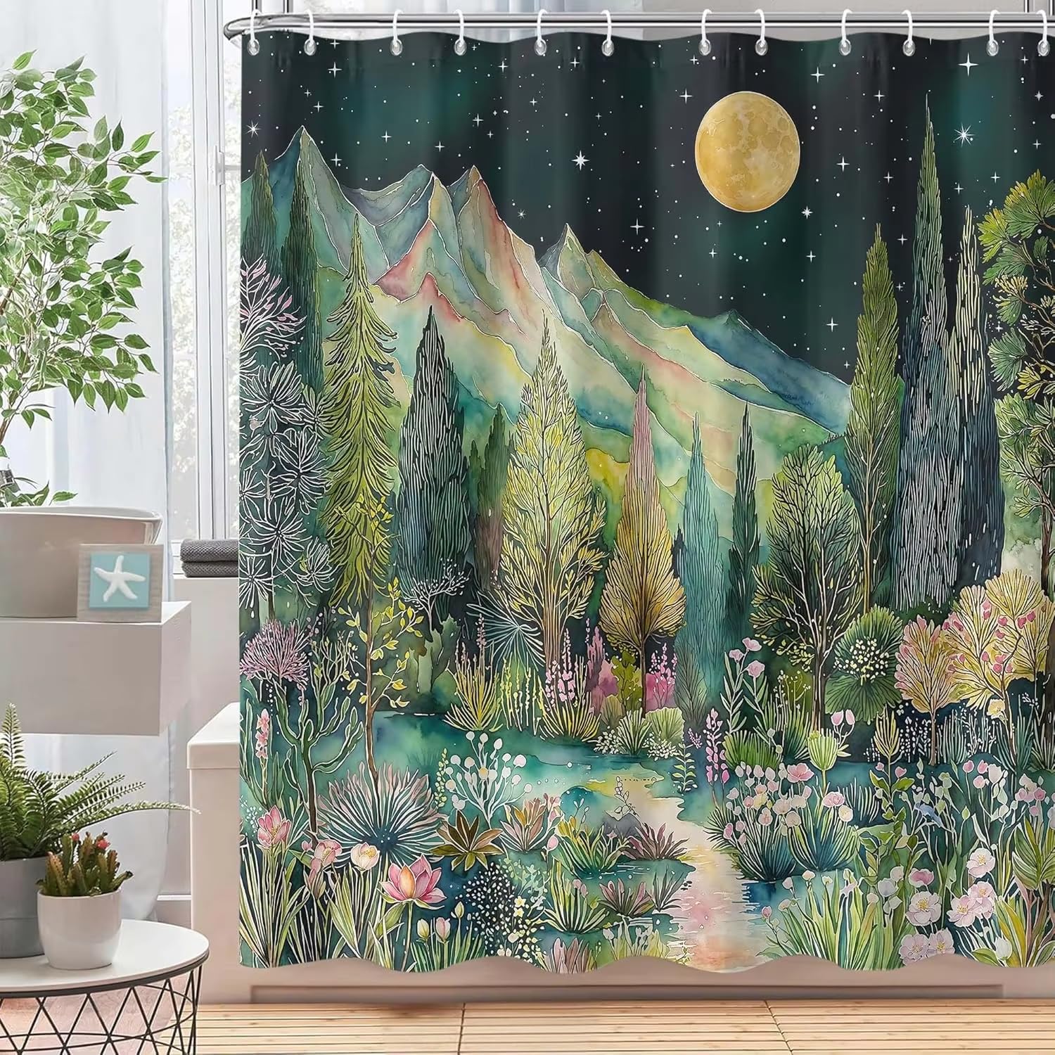 IHHGNB Magical Night Forest Shower Curtain Watercolor Mountain Landscape with Full Moon and Stars Waterproof Fabric Bath Curtain(200x200cm(79x79in)