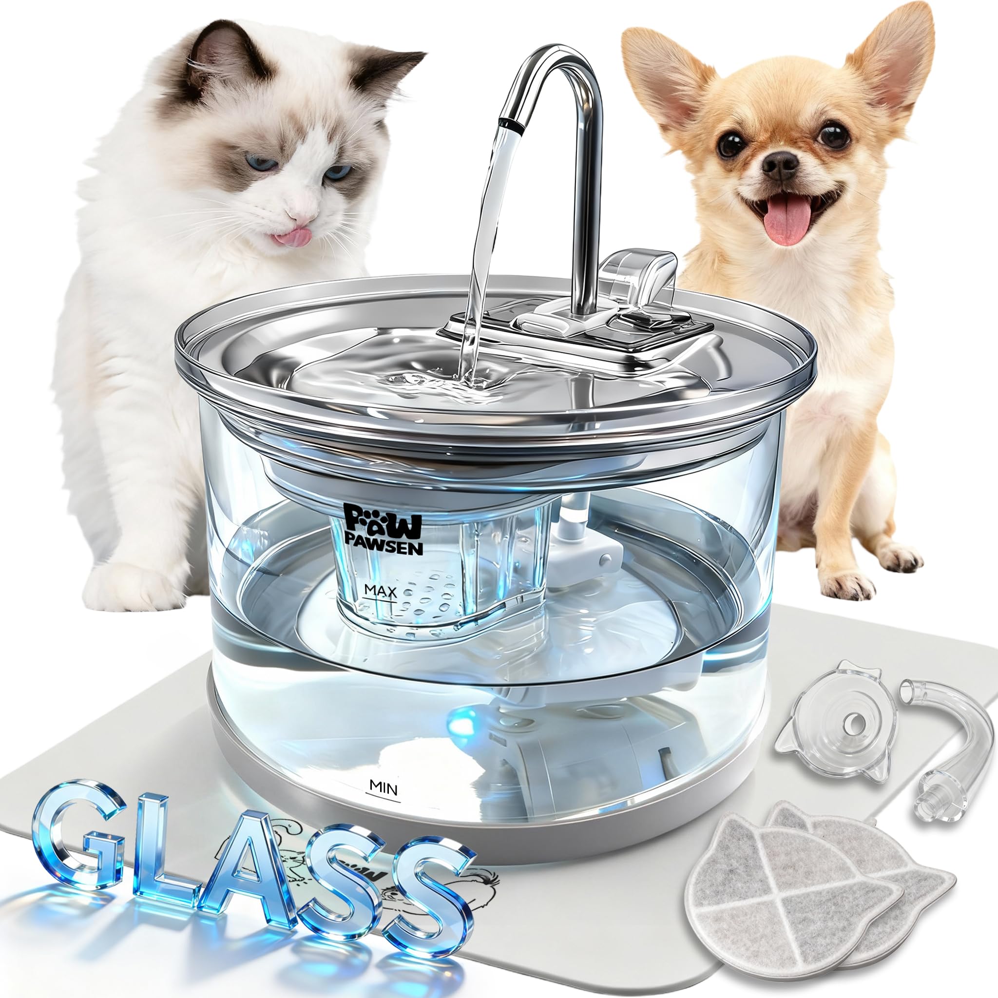 PAWPAWSEN Glass Cat Dog Water Fountain 70oz/2.1L for Cats Dogs with 3 Spray Heads with LED Light,Ultra-Quiet, Automatic Water Dispenser, Glass & Stainless (Water Fountain)