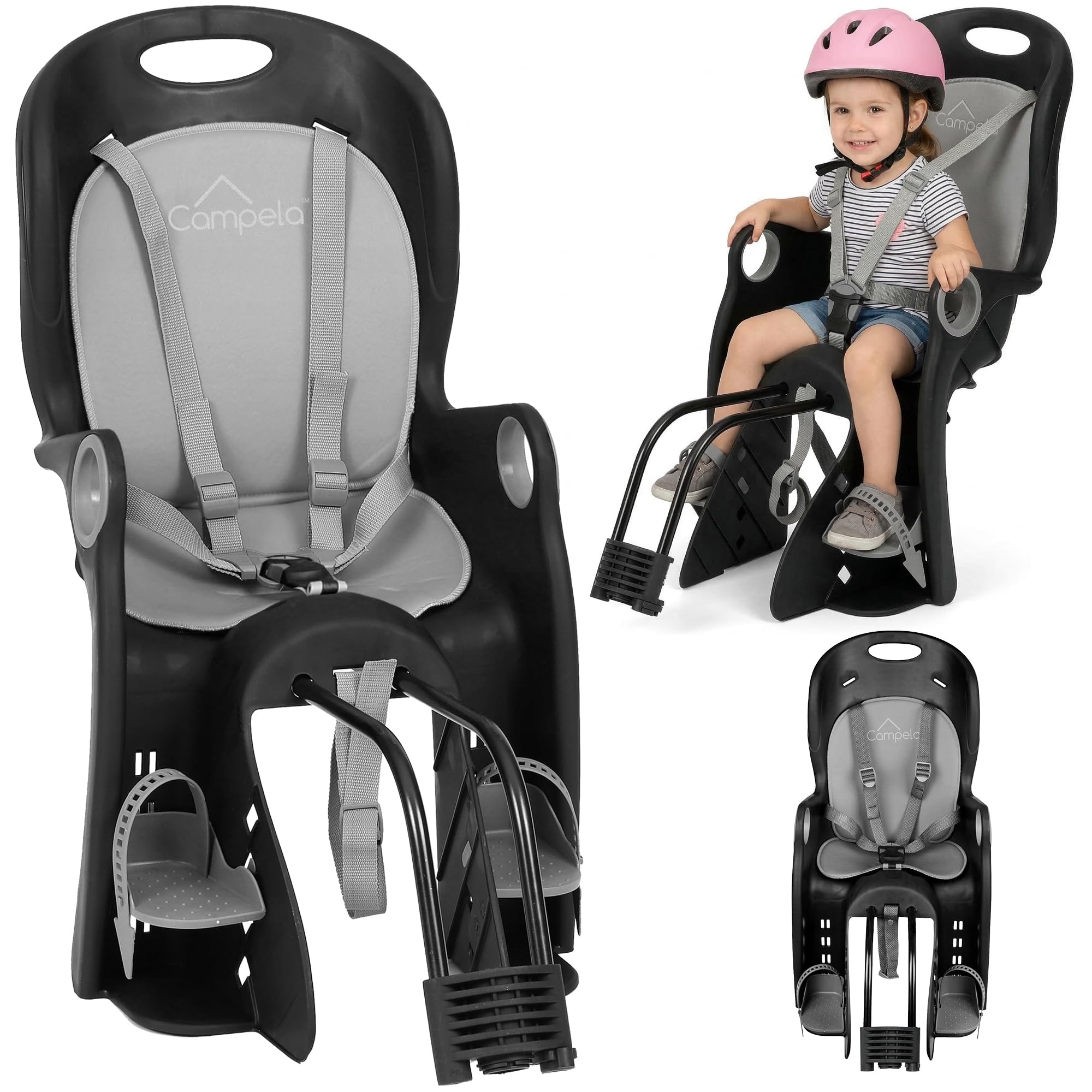 Campela Kinderfahrradsitz hinten – 2-in-1 Montage Gepäckträger & Rahmen 28–34 mm – 5-Punkt-Gurt, EN14344/TÜV – bis 22 kg, 9 Monate–7 Jahre – waschbares Polster – CA0060GRY