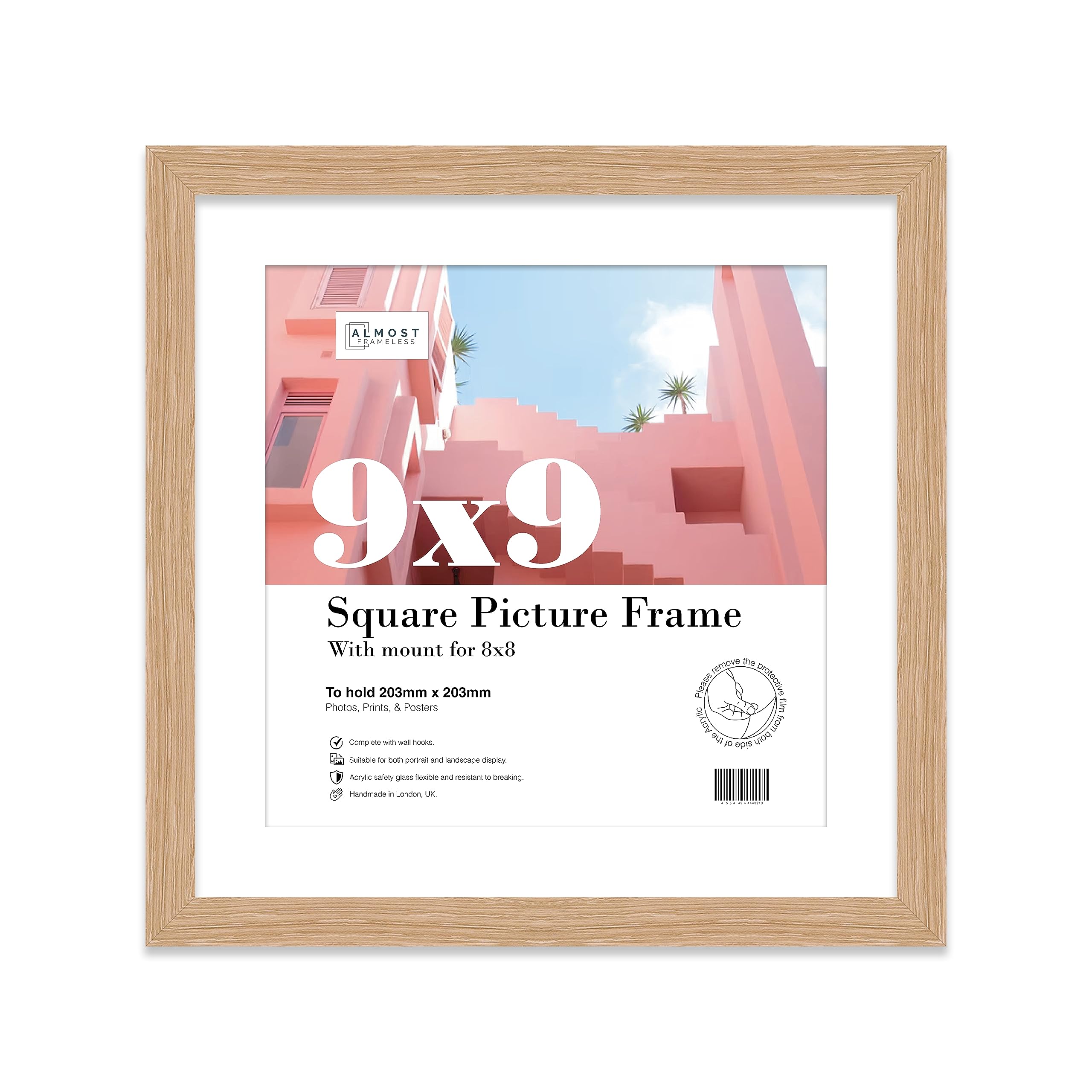 Almost Frameless 9x9 Picture Frame, Display Pictures 8x8 With Mat or 9x9 Without Mat, Wall Hanging & Free Standing Photo Frame, Oak, 1 Pack