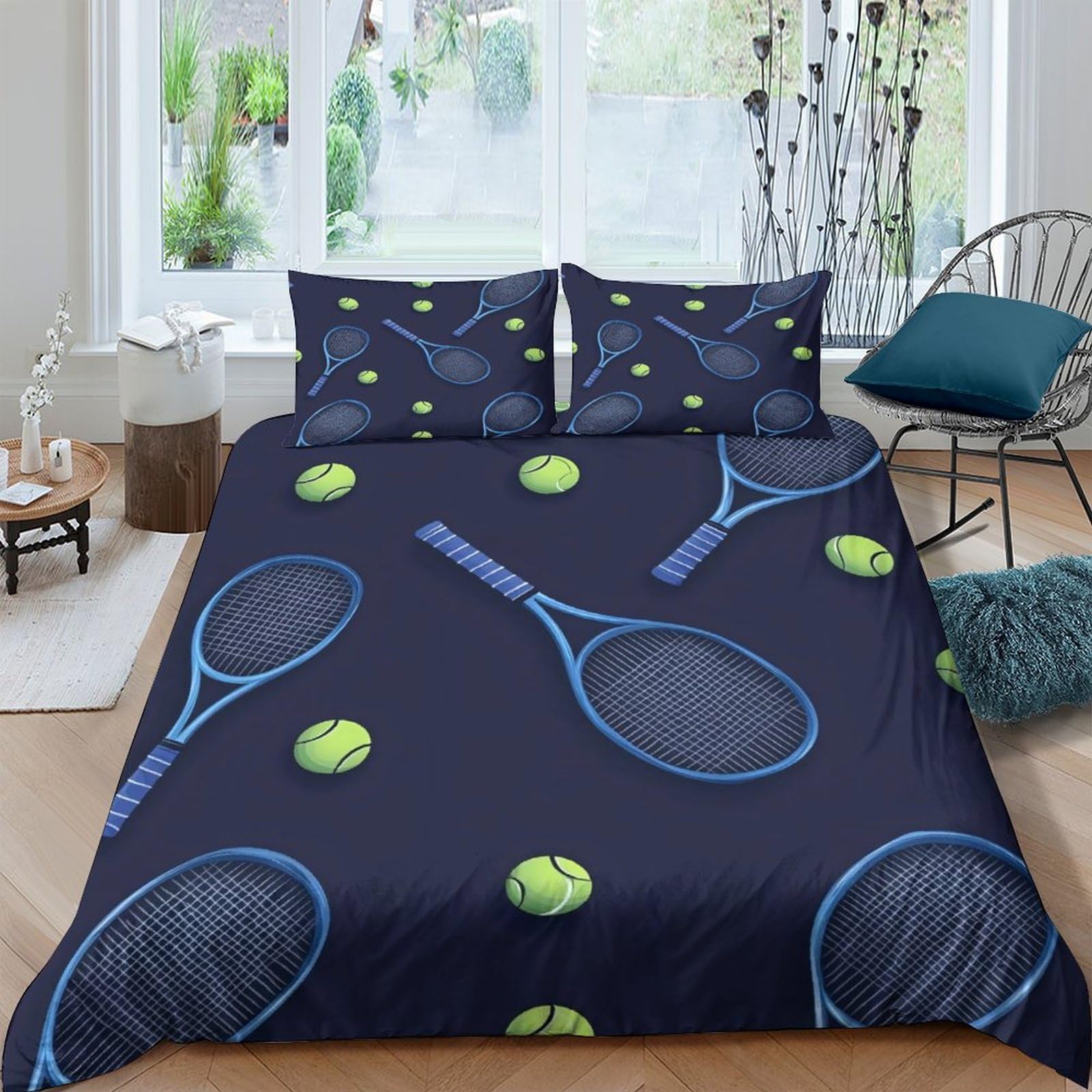 GPLZQXKJNH 3D Printed Tennis Racket Duvet Cover Microfiber Soft Breathable Tennis Ball Bedding Set with 2 Pillowcases for Bedroom Decor Single（135x200cm）