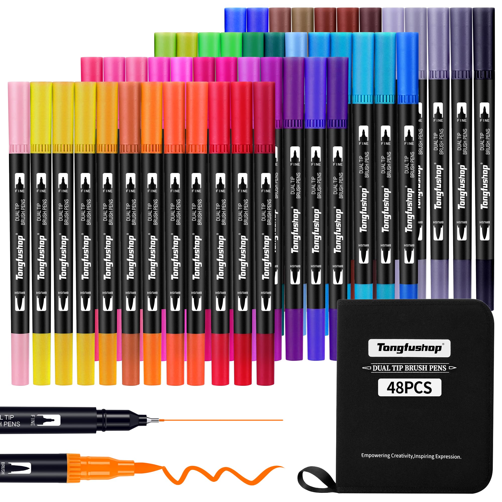 Tongfushop Brush Pen, 48 Colori Pennarelli Doppia Punta, Pennarelli Acquerello per Disegno per Adulti e， Brush Pen Lettering per Colorare, Disegnare Journaling e Calligrafia