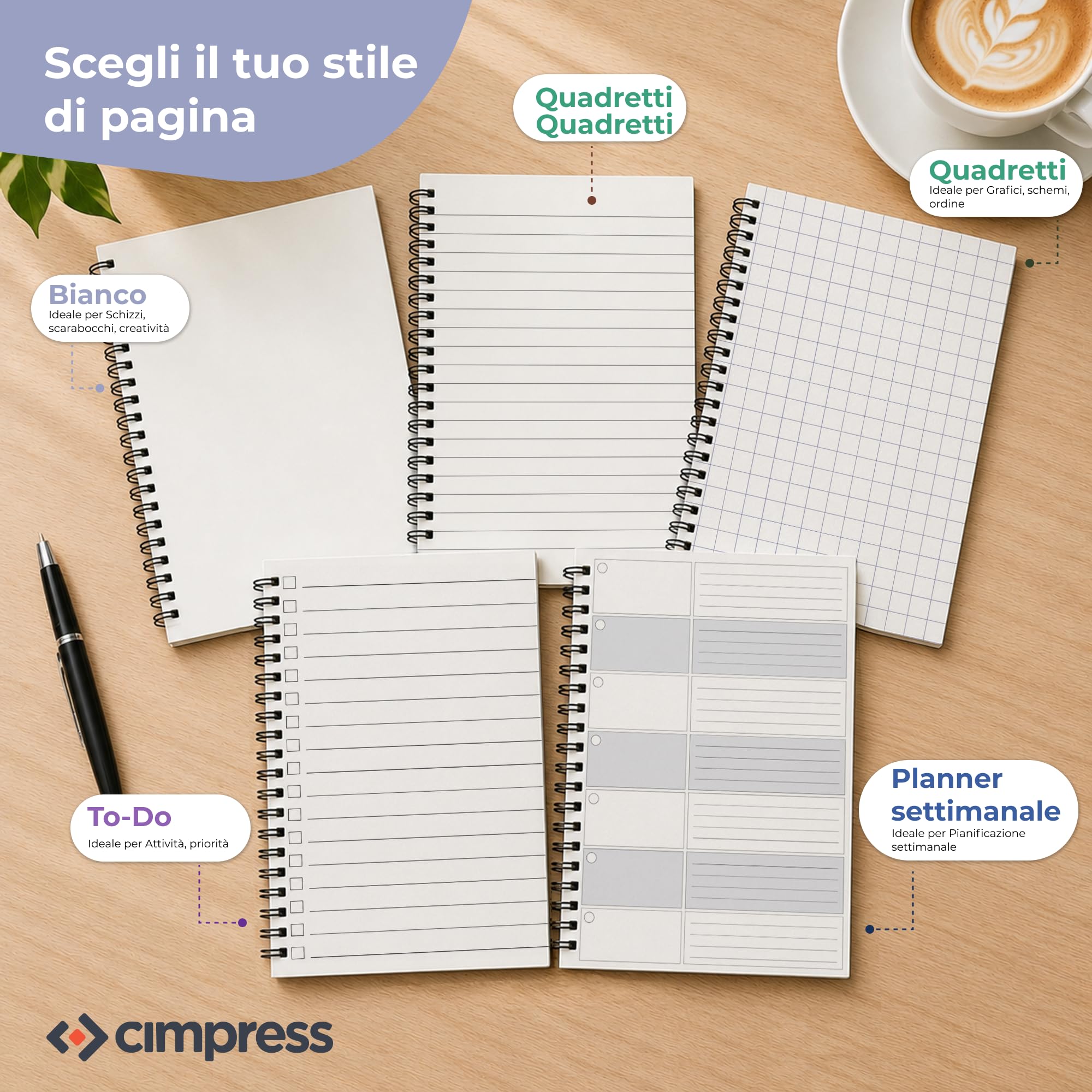 Quaderno A5 a personalizzabile, foto, logo o testo, A righe, 10 Pezzi | Copertina lucida 300 g/m², 160 pagine carta 90 g/m², spirale, ideale per riunioni, formazione e regali aziendali