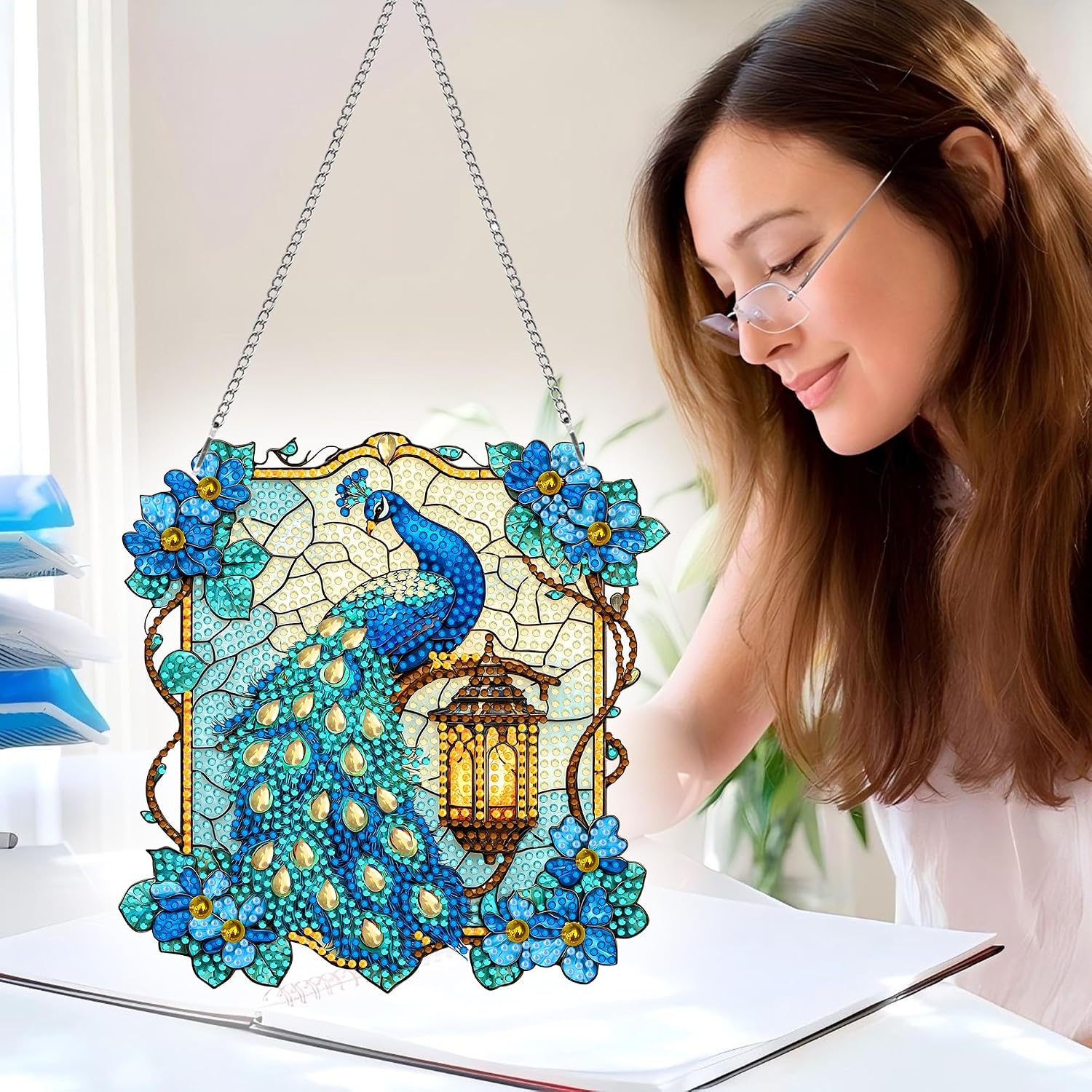 Pavemlo Hanging Diamond Art Kits for Adults Peacock Animal – 8x8 Inch Double-Sided Acrylic Board Pearl Art Kits for Adults Suncatcher Pendant, Sparkling Home Wall or Window Decoration Handmade Gift image 5