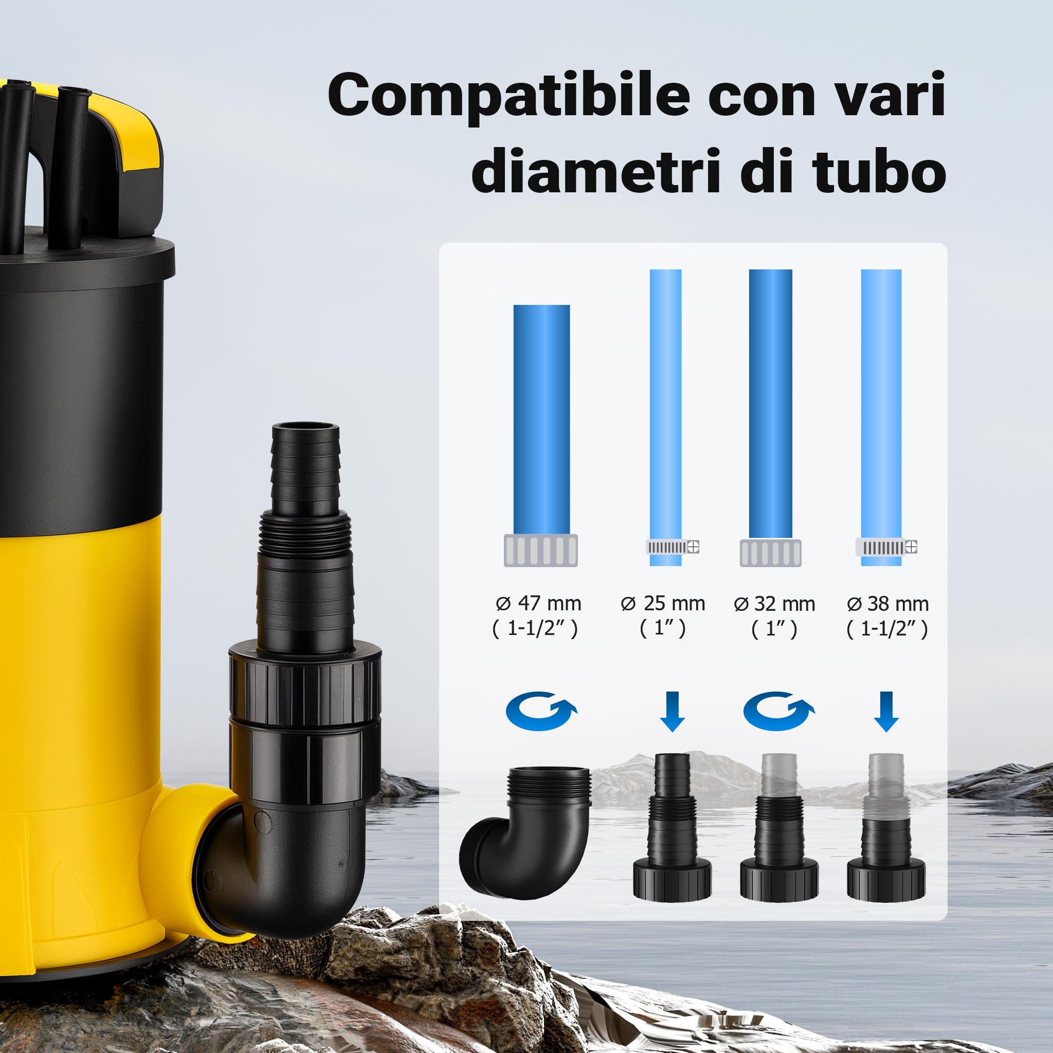 Wiltec Pompa sommersa, 900W 17000 l/h, profondità max 7 m, Elettropompa a immersione per pozzi e cisterne