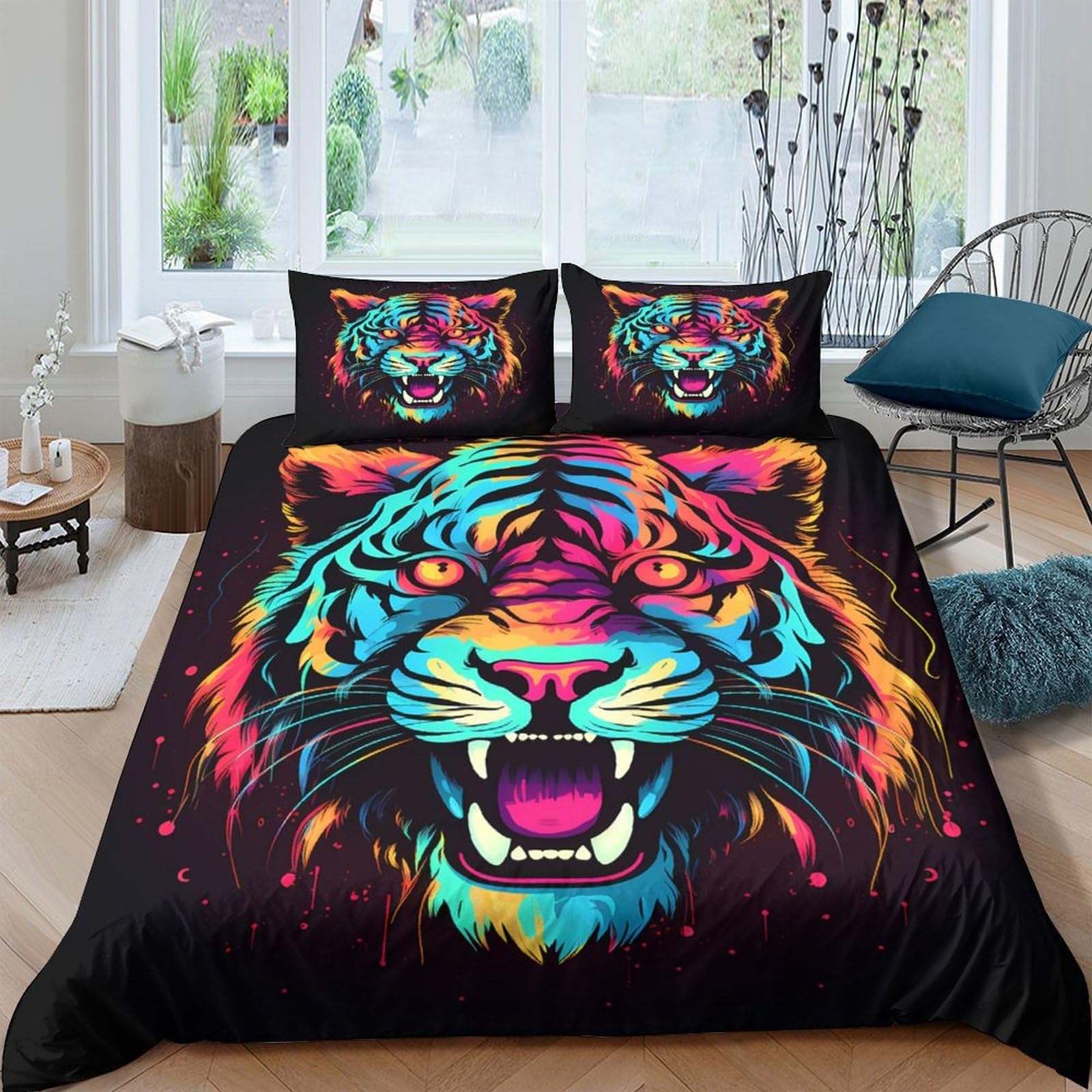GPLZQXKJNH 3D Printed Neon Tiger Duvet Cover Microfiber Soft Breathable Wild Animal Bedding Set with 2 Pillowcases for Bedroom Decor Single（135x200cm）