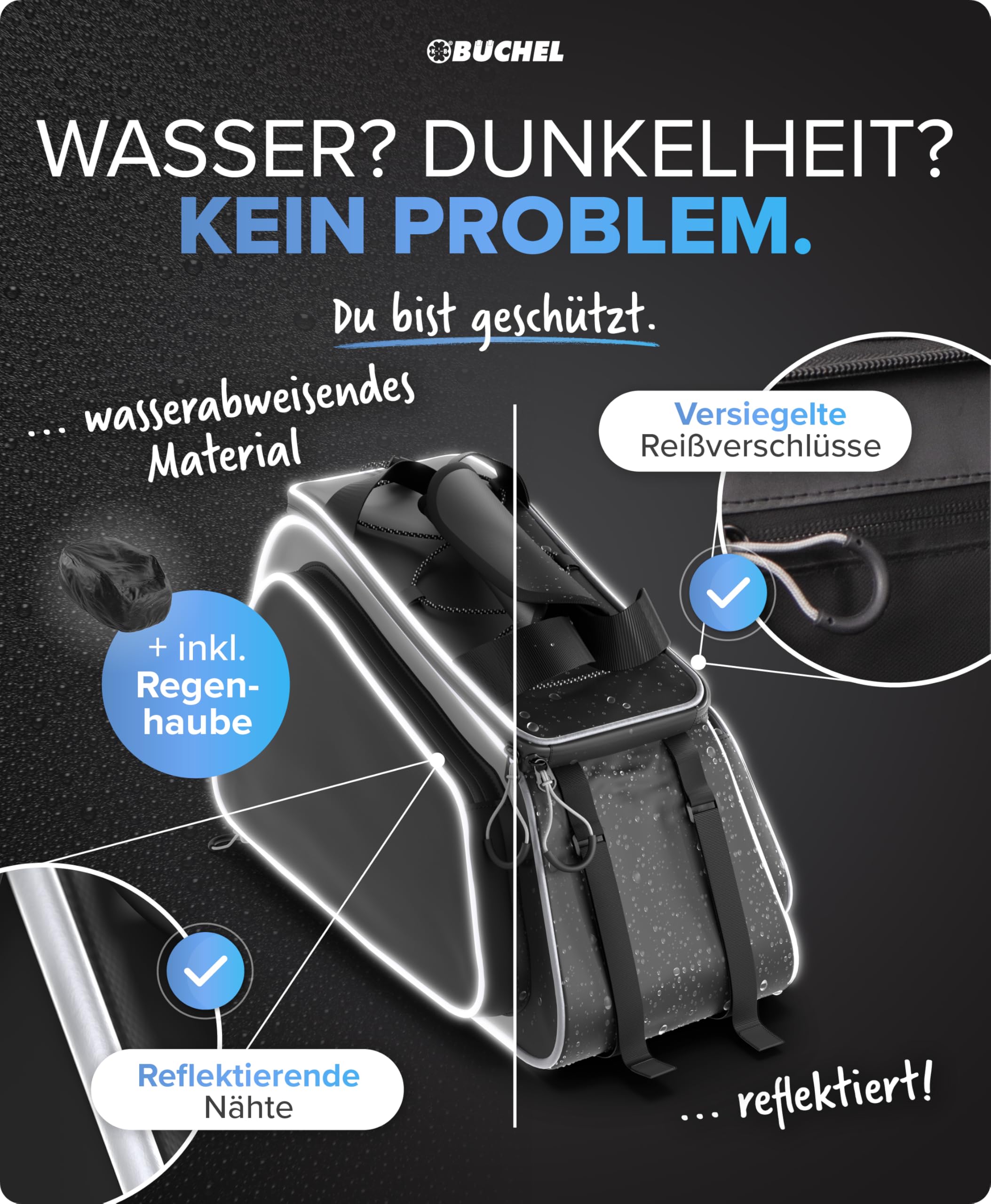 Büchel Fahrradtasche Für Gepäckträger – wasserdichte & Reflektierende Fahrradtasche, inkl. Regenschutzhaube – Kompakte Gepäckträgertasche mit Durchdachtem Stauraum für E-Bikes