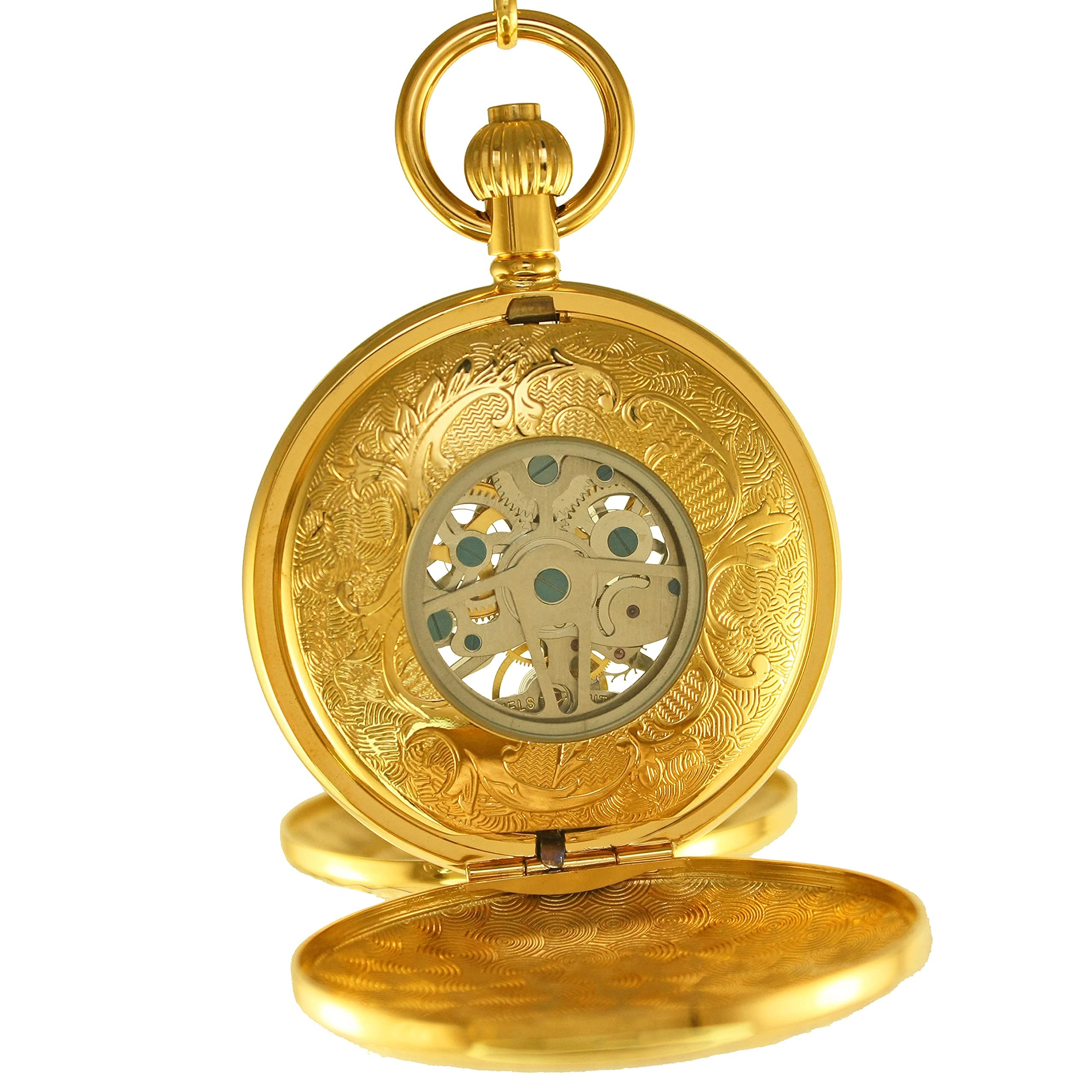 OGLE Vintage doble cobre cubierta caso doble movimiento esqueleto cadena Fob auto bobinado automático reloj de bolsillo mecánico