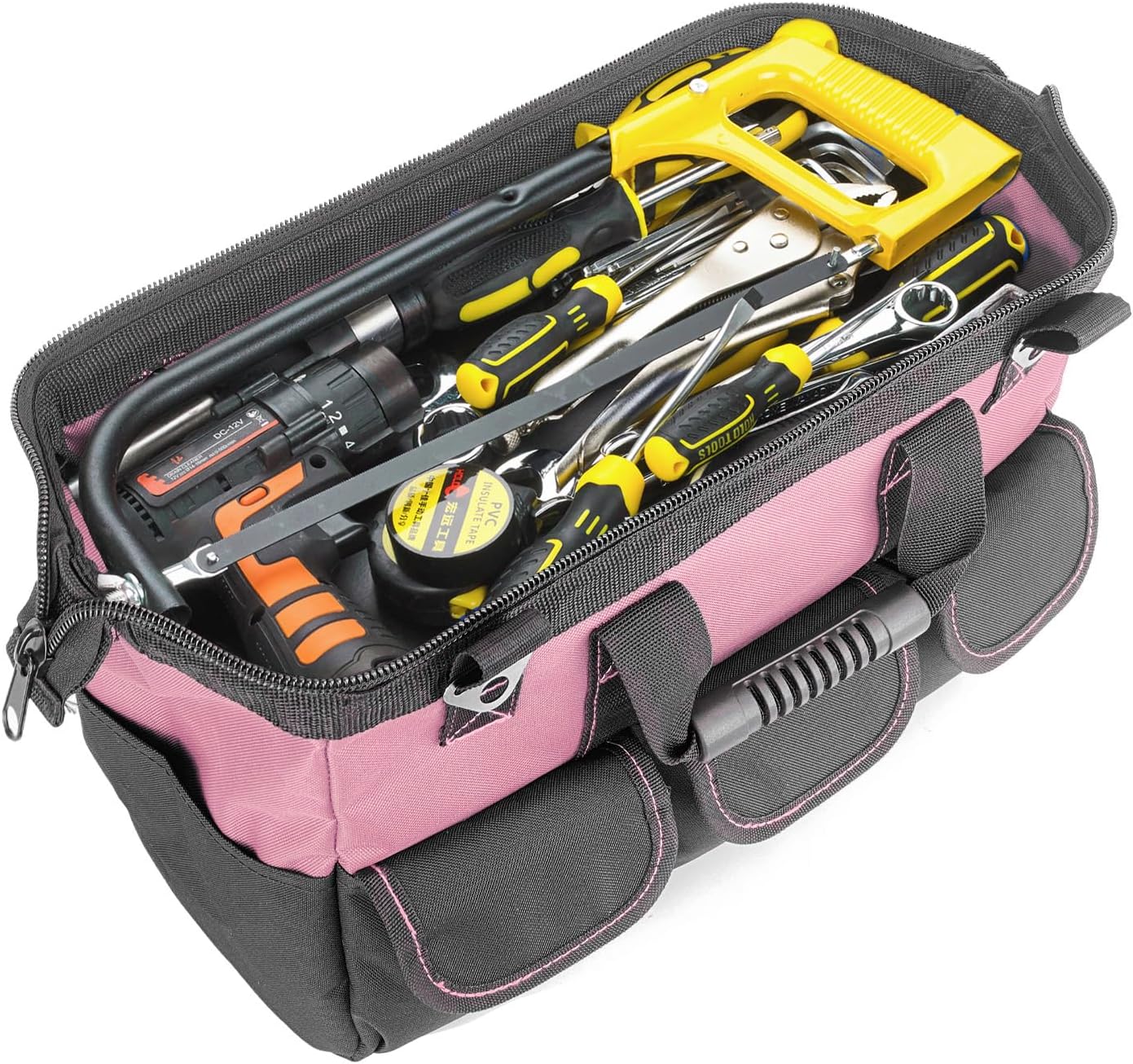Women Heavy Duty Tool Bag Storage Organizer for Tools,16 x 7.5 x 10.5 inches,50 Pound Capacity, 600D Polyester Fabric (Pink)