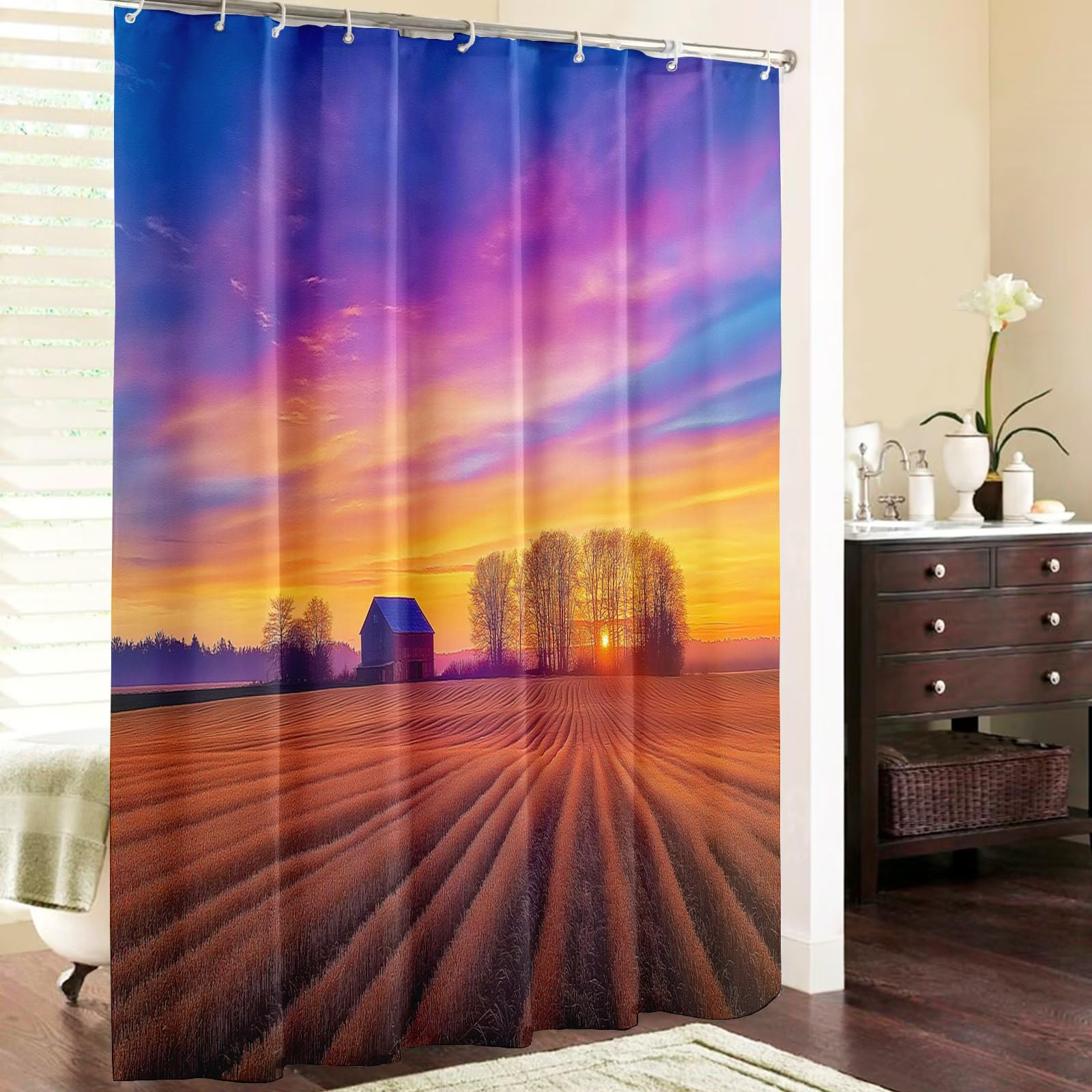 Cortinas de Baño Poliester Lavable, Puesta Sol Naturaleza Cortina de Ducha, Casa Campo Jardín Flores Cortina Ducha 240x200cm, Estampado Cortina Bañera Secado Rápido con 12 x Ganchos