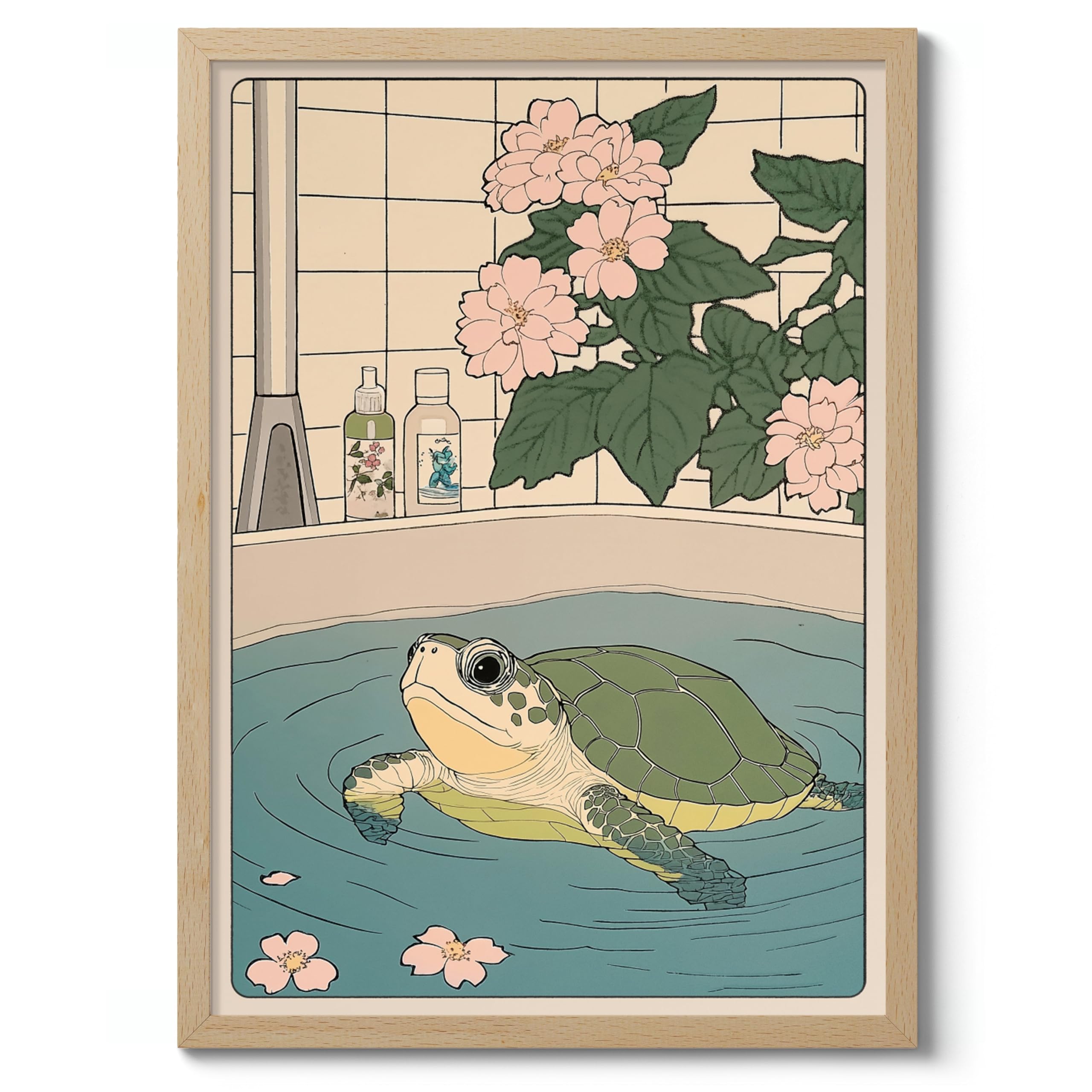 Turtle Bathtime Anime Animal Poster, Funny Bathroom Wall Art Print, Manga, Bathroom Wall Art, Toilet Decor, A4 (Black Frame) - 32.7x24.1cm — image 1
