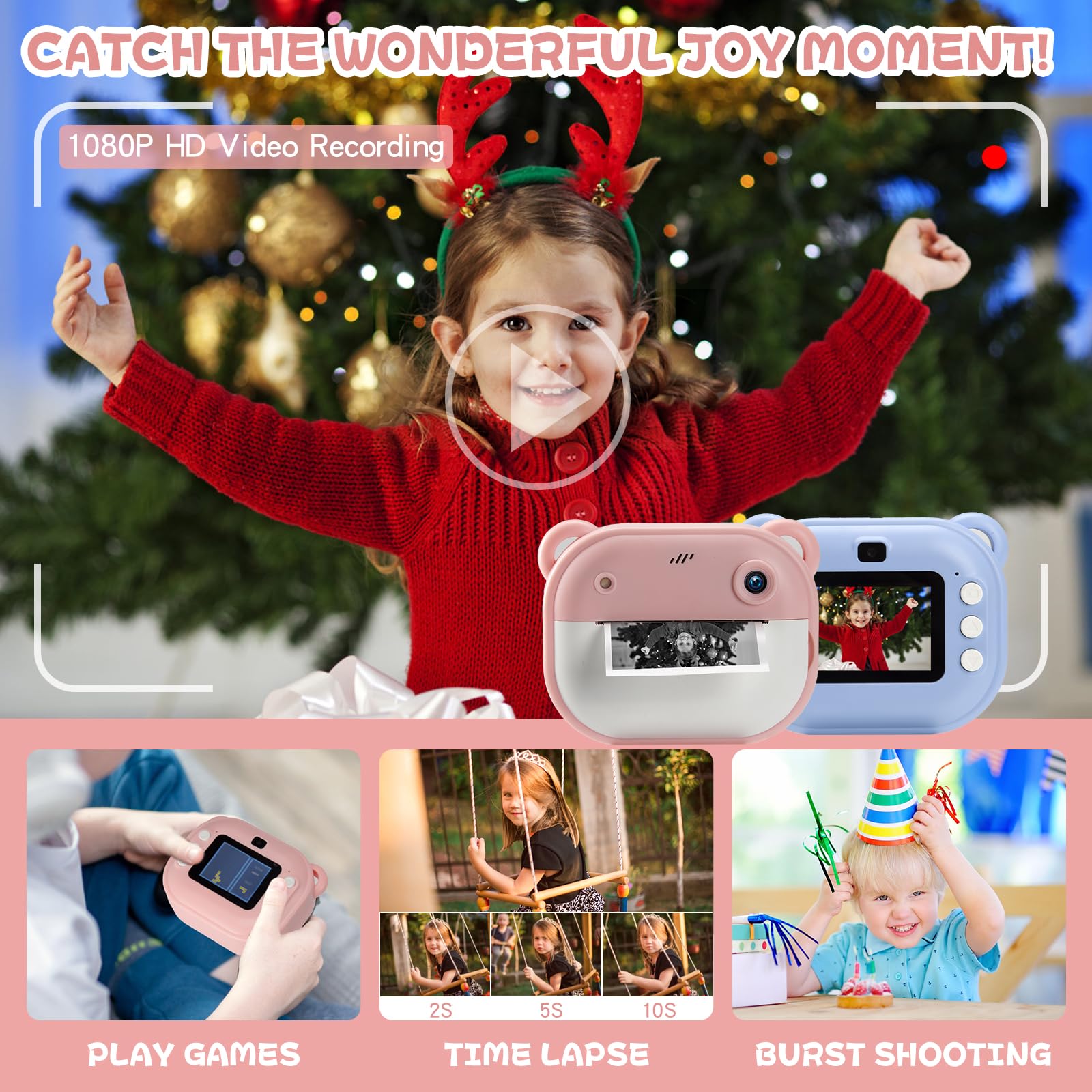 Kids Camera,Kids Camera Instant Print for 3-14 Year Old, 32GB Card,1080P HD Kids Digital Camera for Kids Toy Gift - Image 4