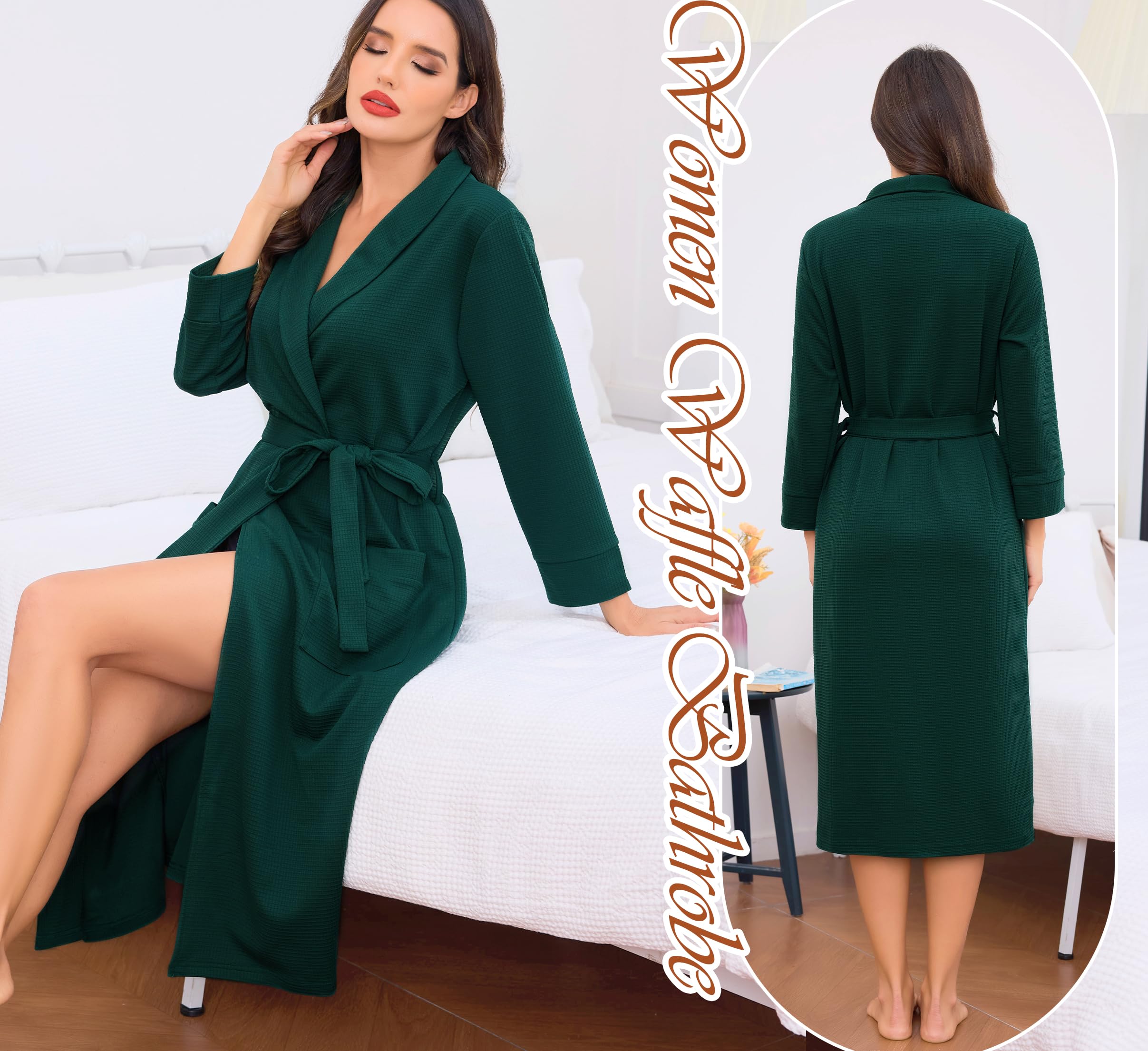 Vlazom Albornoz para mujer, de punto gofre, ligero, largo, de algodón suave, cuello de chal, albornoz de spa con bolsillos para todas las estaciones, S-3XL