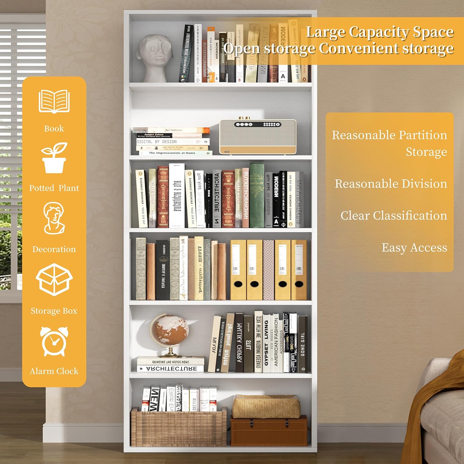 Shintenchi Bookshelf,6-Tier Open Bookcase and Bookshelves,6 Shelf Display Storage Shelves Floor Standing 70.6 inches Tall Bookcase for Home Office, Living Room (White)