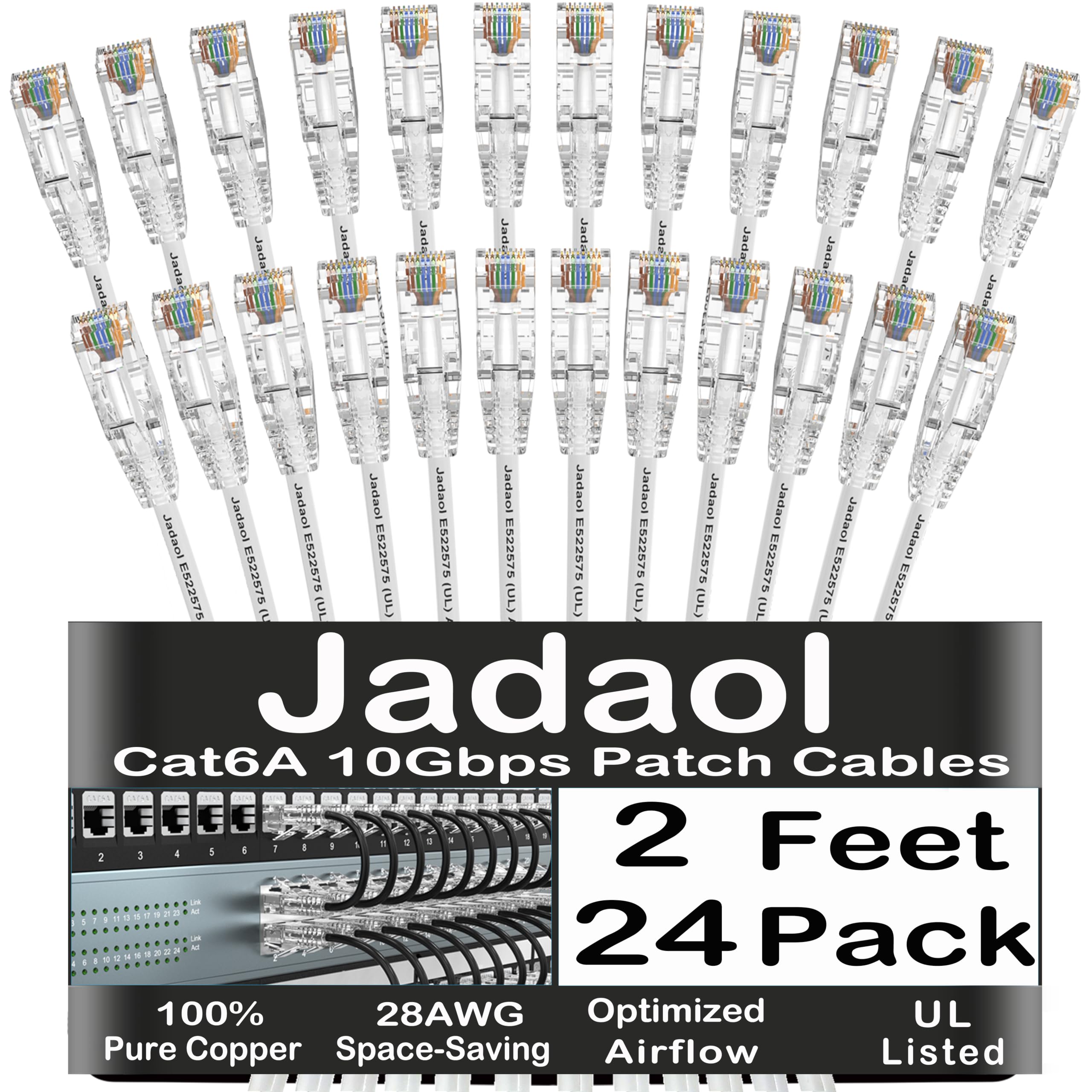 Jadaol Cable de conexión Ethernet Cat 6a/Cat 6 de 2 pies, paquete de 24 unidades, cable de red LAN delgado de 10 Gbps, 28 AWG, cables de conexión UTP Cat6 Cat6 sin enganches para panel de conexión
