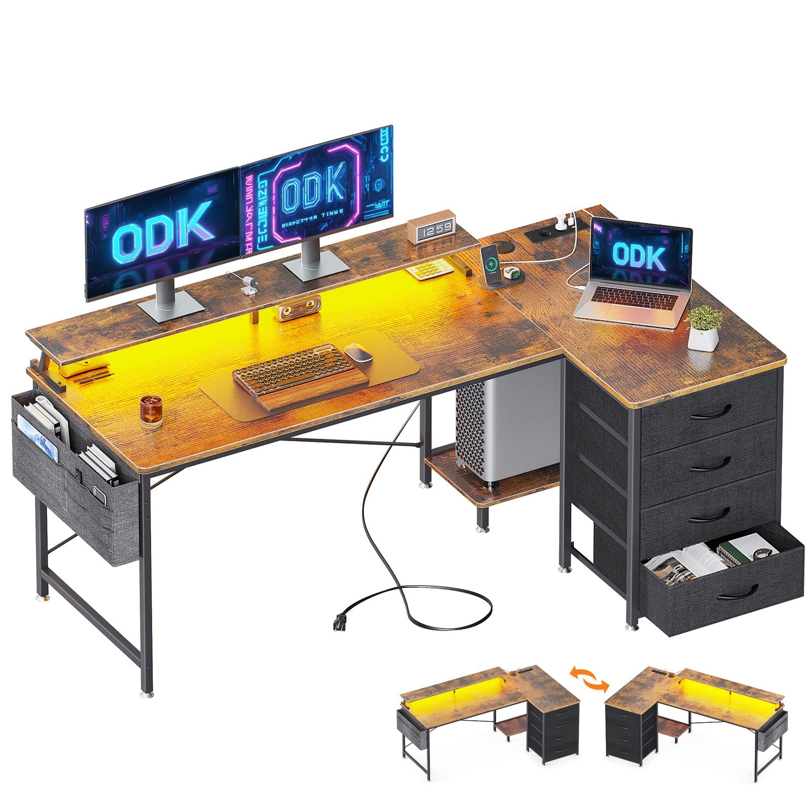 ODK Escritorio Esquinero Reversible, Escritorio Gaming en L con LED, Mesa en L con 4 Cajón, Mesa de Ordenador con Puerto de Carga USB y Toma de Corriente para Hogar (Marrón,160x80x84.7cm)