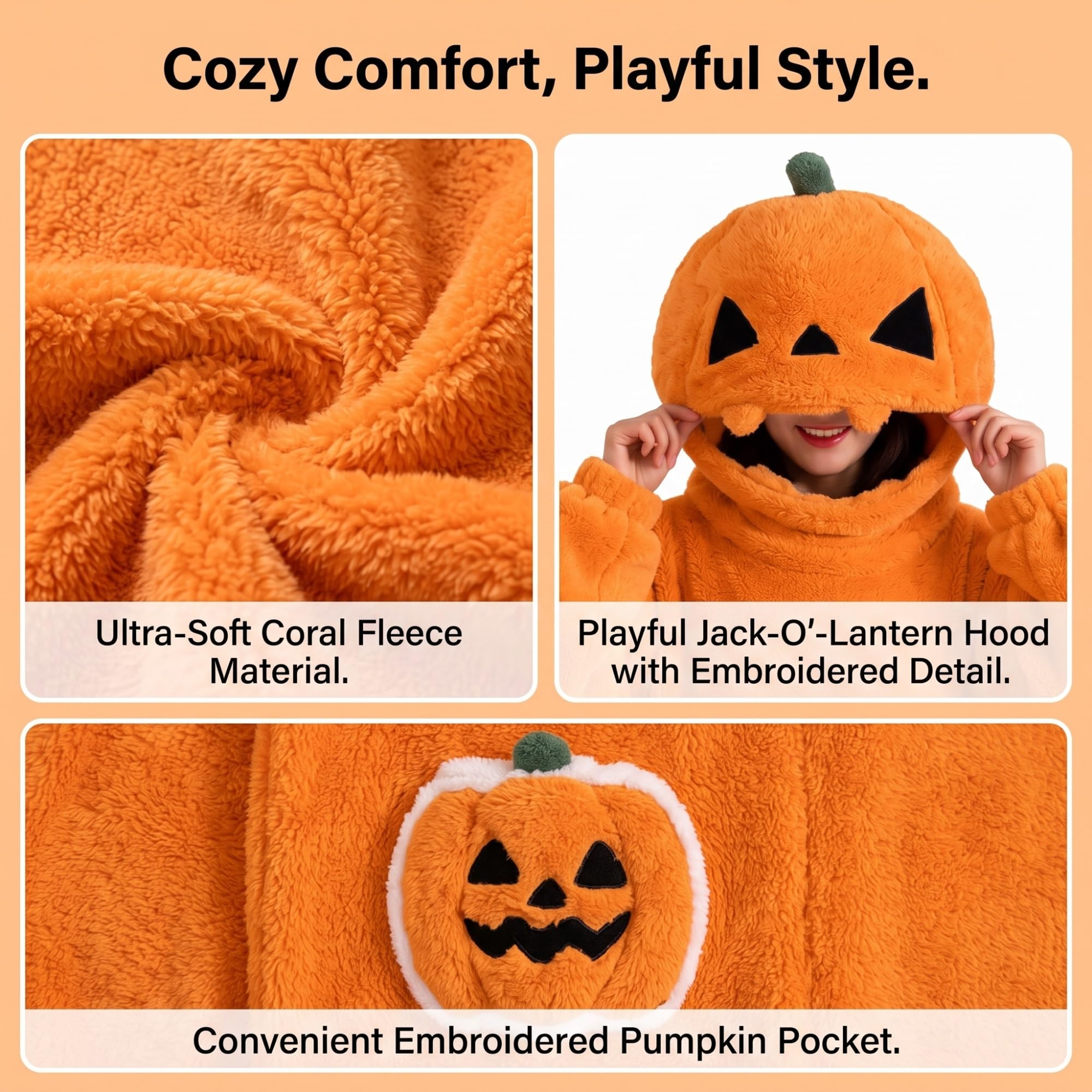 Genérico Pijama de Calabaza de Halloween, Pijama de Calabaza de Forro Polar Coral for Noche de Cine, Fiesta en casa, Traje