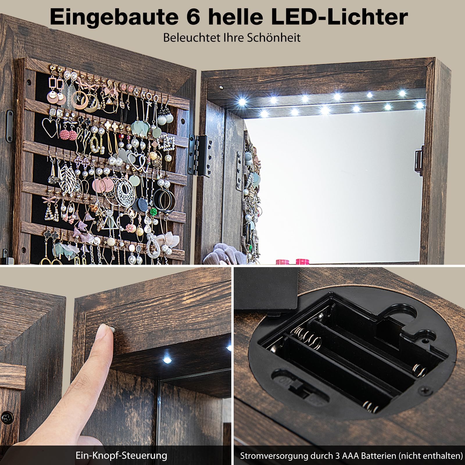 RELAX4LIFE Schmuckschrank 360° drehbar, 4-in-1 Spiegelschrank mit LED-Lichts & Schubladen & Regalen Schmuckaufbewahrung Ganzkörperspiegel, Schmuckständer abschließbar (Rustikales Braun)