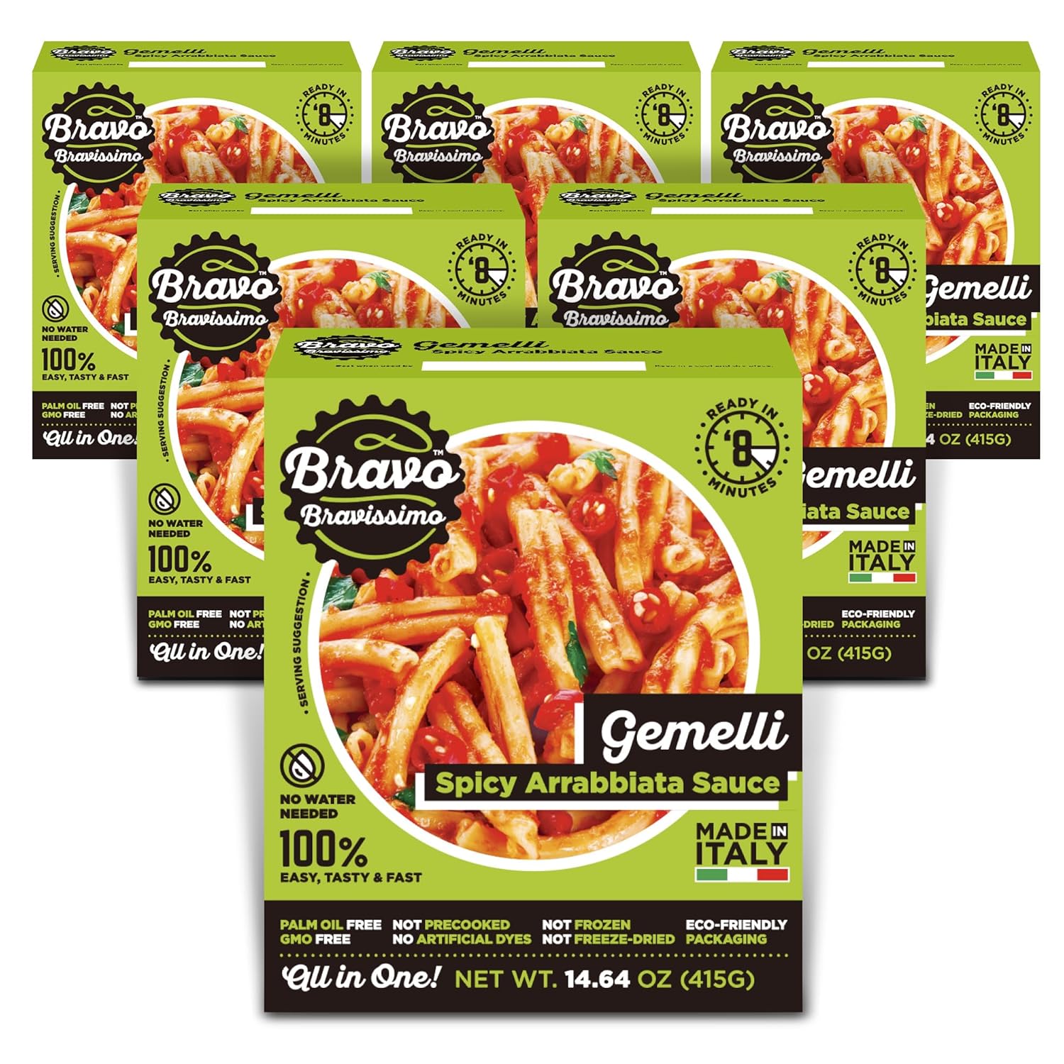 Bravo Bravissimo Gemelli Italian Pasta Meal - Gourmet, Vegan-Friendly, Spicy Arrabbiata Sauce Flavor, Microwaveable, Ready in Minutes, No Refrigeration, Perfect for Quick Meals - 14.64 oz, 6 Pack