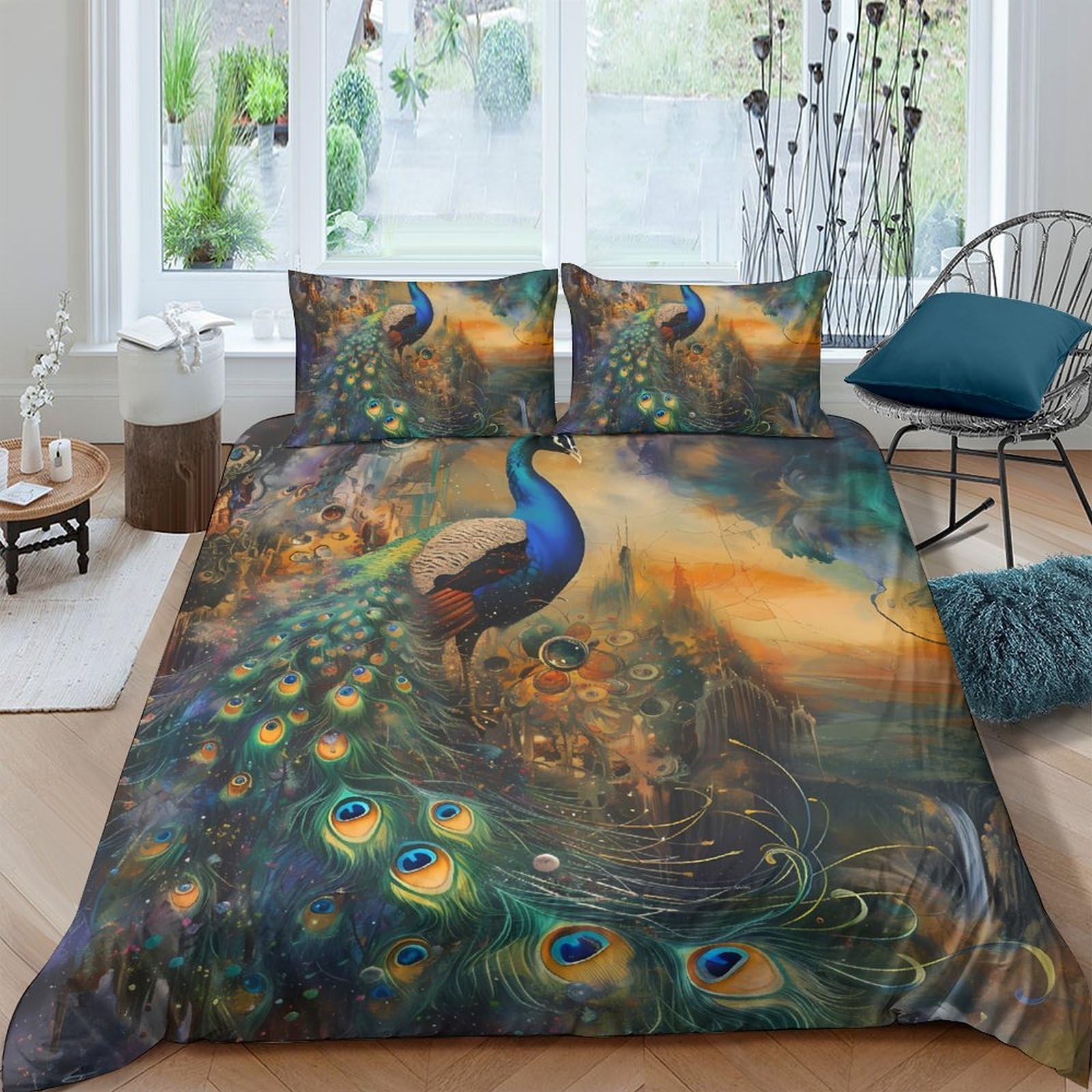 TUFRTGYHN 3D Printed Peacock Sunset Duvet Cover Microfiber Soft Breathable Forest Feather Bedding Set with 2 Pillowcases for Bedroom Decor Single（135x200cm）