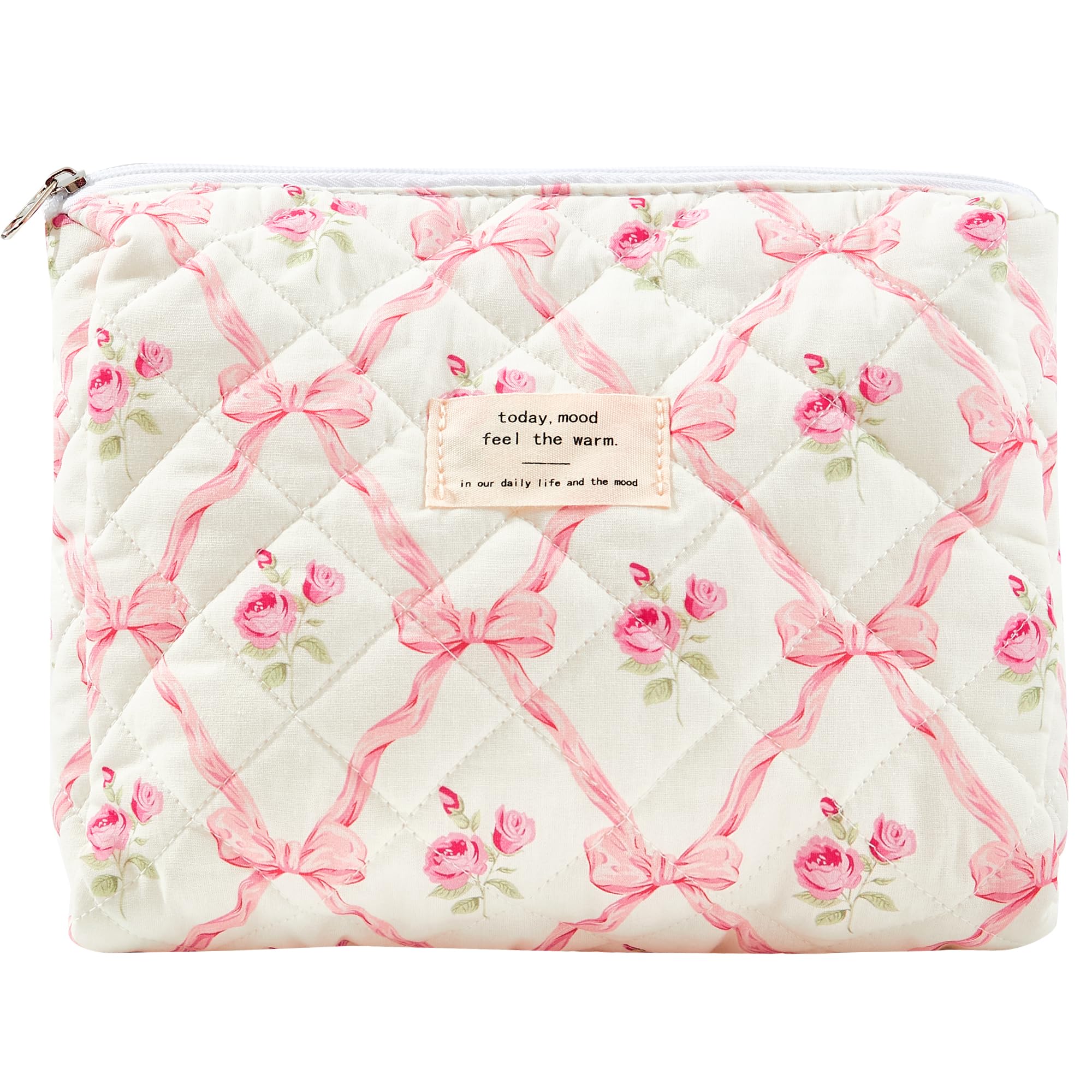 Sminra Makeup Bag Large Travel Quilted Cosmetic Makeup Bag Organizer, Floral Cotton Coquette Aesthetic Toiletry Bag for Women Girls (Pink Bow Flowers)