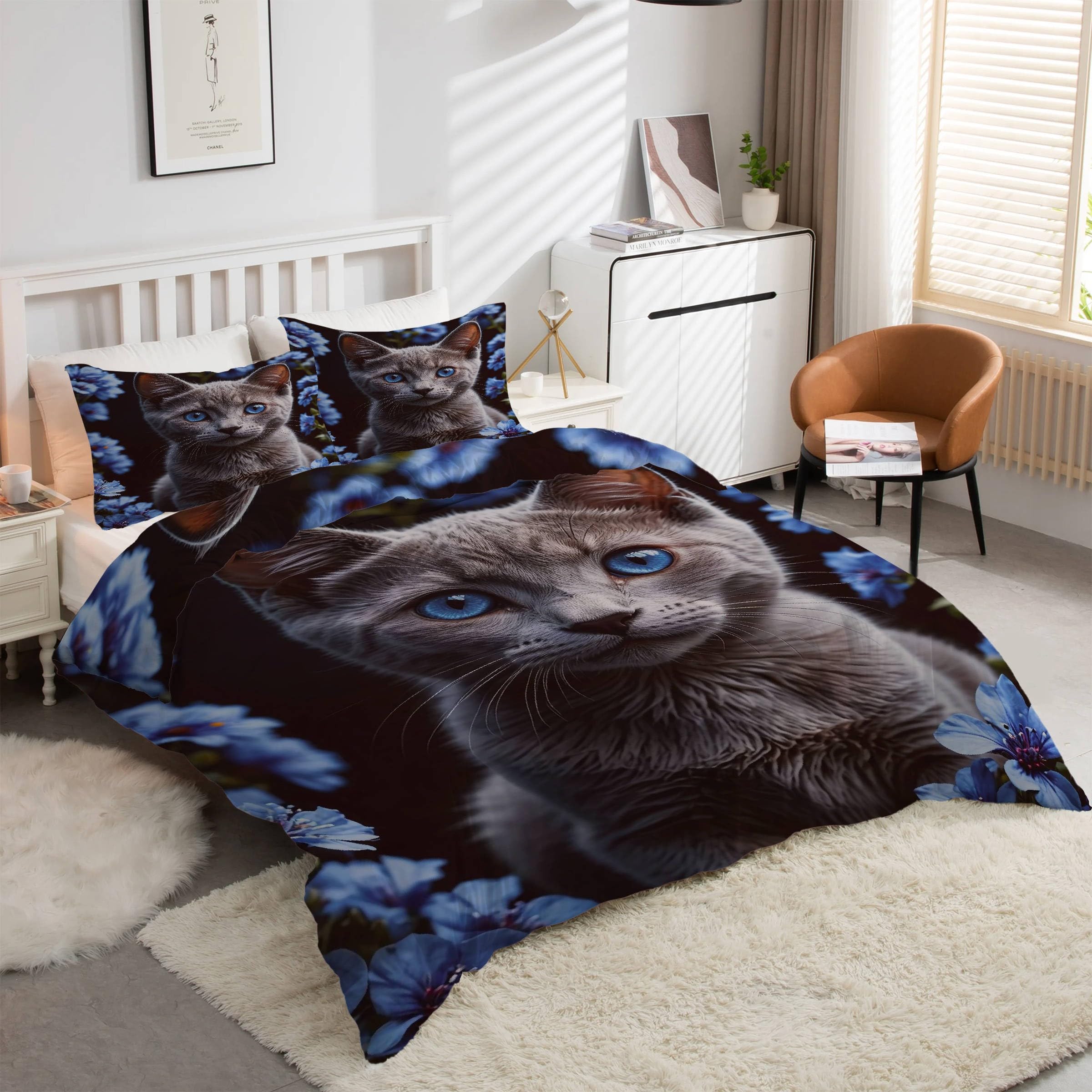 Edredon Nordico Cama 120 Gato Gris, Relleno Nordico Flores Azules 200x220 cm con 2 Fundas de Almohada 50x75 cm, Ligero, Suave, Transpirable para 4 Estaciones Edredones