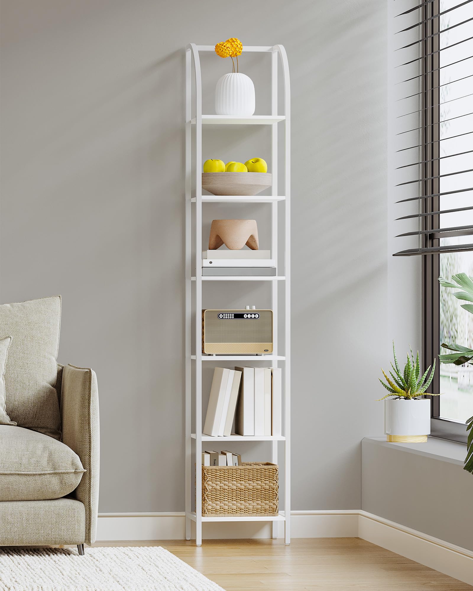 Hzuaneri Librería, Librería Vertical, Estantes Estrechos De 6 Niveles, Estantería Abierta, Estructura Metálica, Adecuada para Estudio, Salón, Dormitorio, Cocina, Blanco BC56013W | Estantería de pie para estudio, sala de estar, oficina en casa, estilo indu