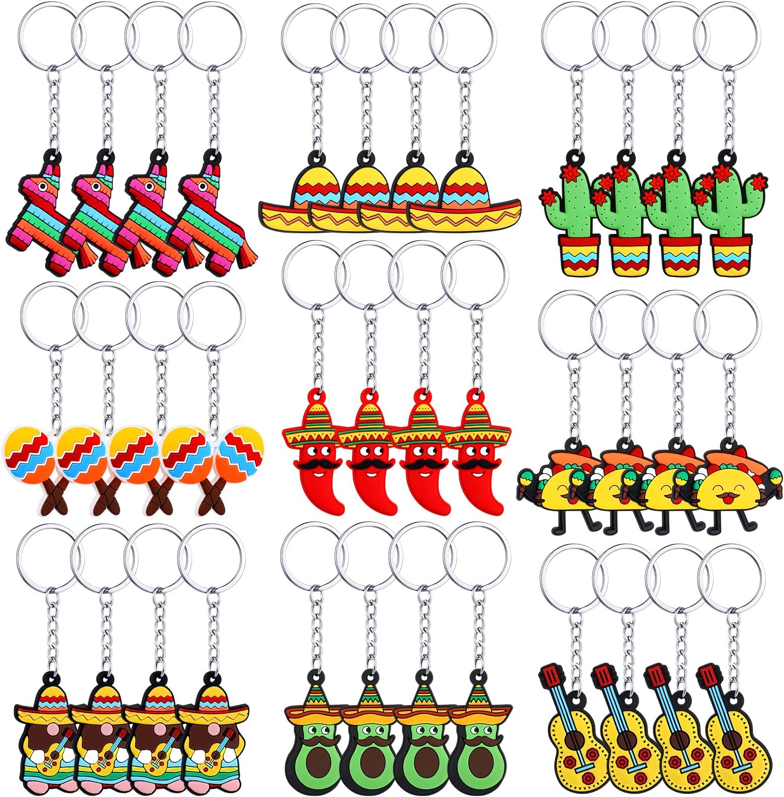 36 Pieces Mexican Party Favors Keychain Cactus Sombrero Key Chain Cinco De Mayo Keychain Mexican Donkey Maraca Sombrero Chains Taco Guitar Key Rings for Fiesta Party