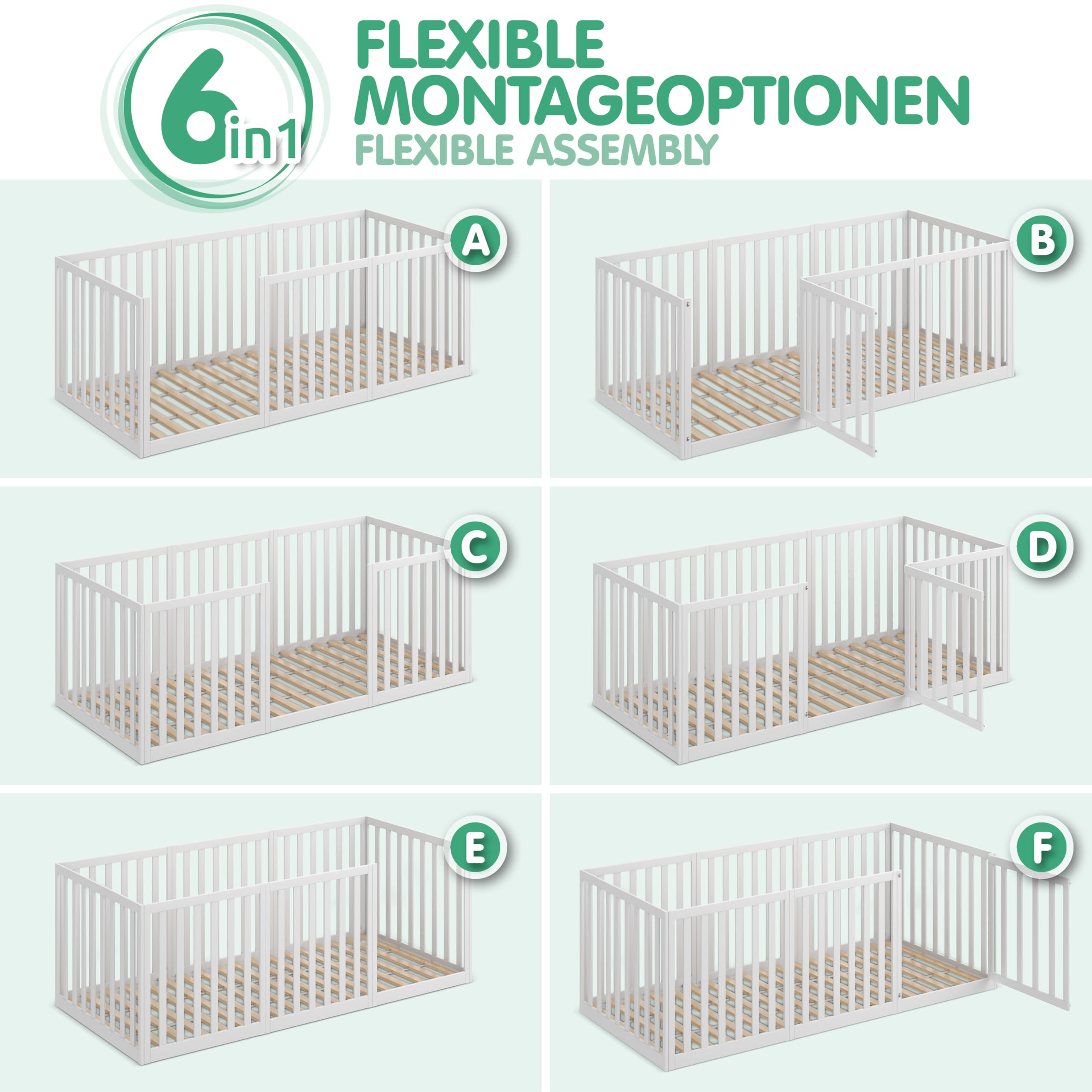 CADANI Teso Kinderbett 120x200 cm – Bodenbett & Laufgitter, geprüft nach EN 12227, Montessori Bett mit Tür & Rausfallschutz, 6 Varianten, Massivholz Kiefer, inkl. Lattenrost
