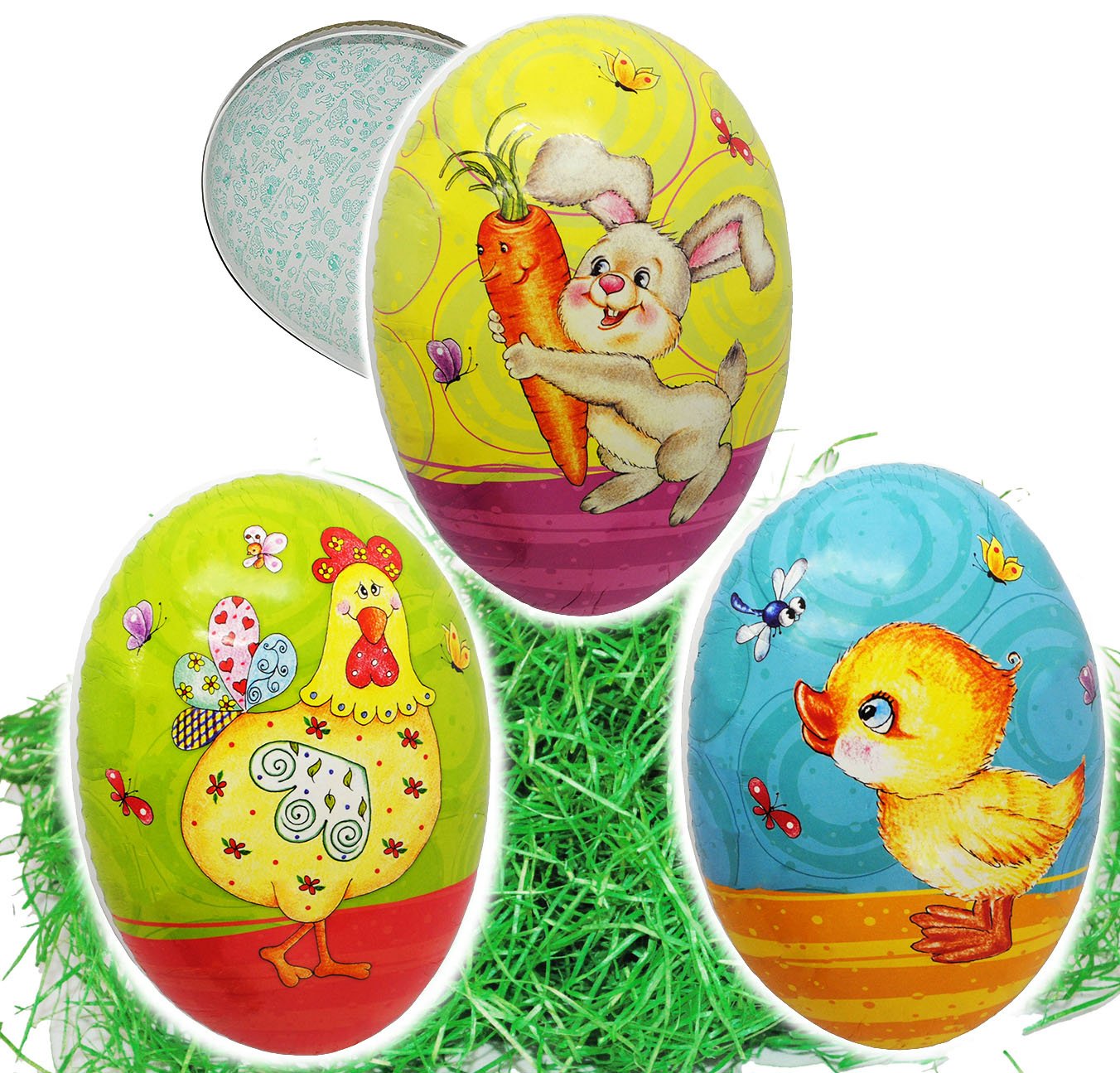 alles-meine.de GmbH Set Ostergras & 10 Füll - Pappeier 15 cm - Bunte Oster Motive - Hase/Küken/Hahn - Osterei/Ei zum befüllen - Deko Pappe Papp Pappeier Dekoei Pappos..
