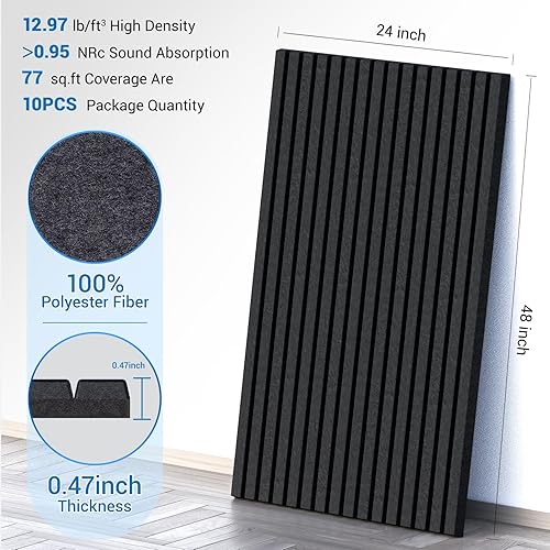 Miniatura 4 de Paquete de 10 paneles acústicos grandes, paneles de pared autoadhesivos insonorizados de 48 x 24 x 0.47 pulgadas, paneles de alta densidad a prueba