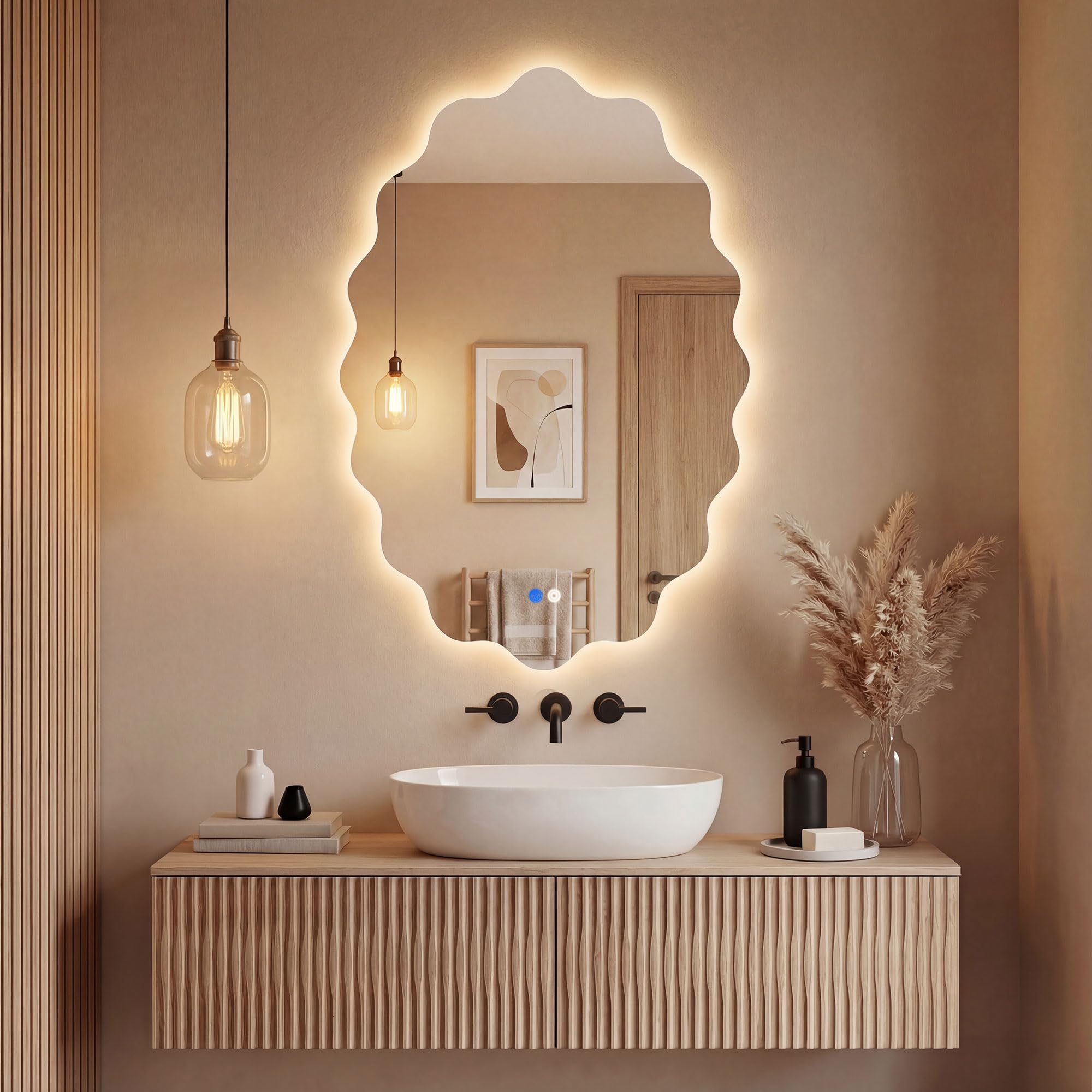 Oval Wavy Led Bathroom Mirror 22 x 30 inch 3 Colors Asymmetrical Vanity Mirror with Lights for Wall